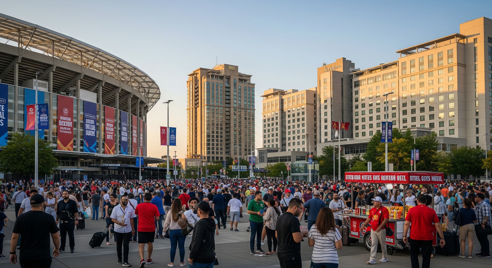 Fans and travelers outside a stadium and nearby hotels ahead of major sporting events in host cities