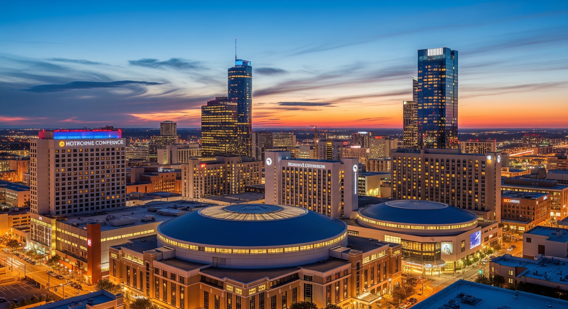 U.S. city skyline with hotels and conference venues reflecting demand trends for 2026 hotel industry