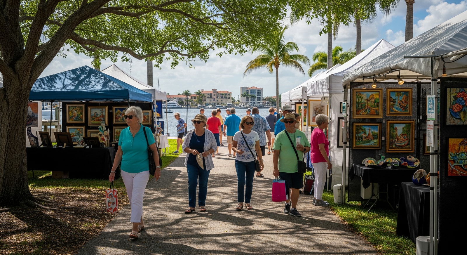 Visitors exploring artist booths along the Fort Myers riverfront during ArtFest