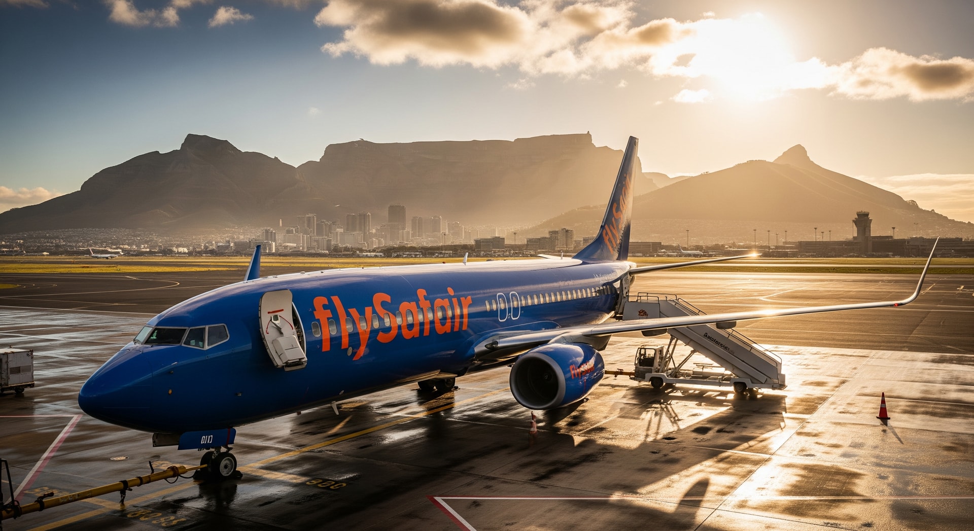 FlySafair Boeing 737 on the tarmac with Cape Town skyline in the background