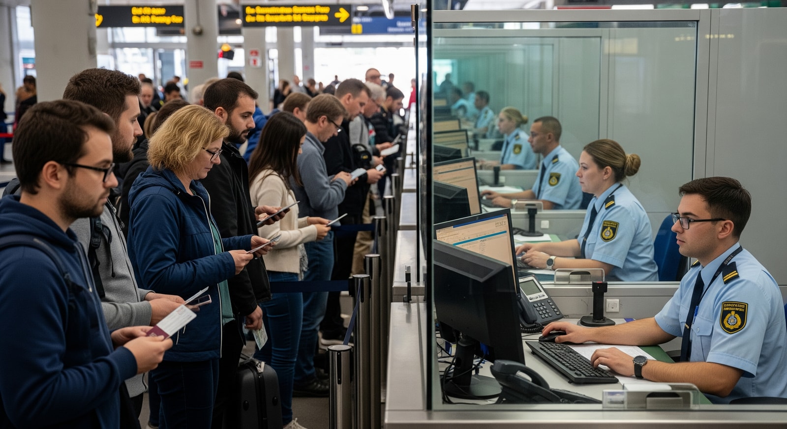 Passport control queue and border officers managing EES checks at an external border