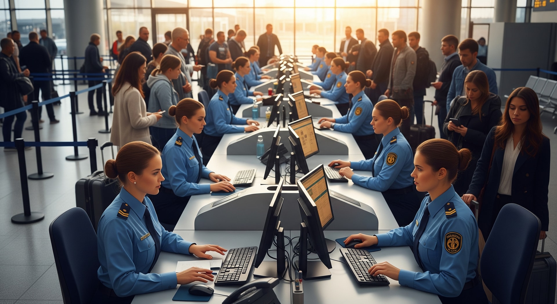 Border control desk with passport checks showing queues and passport scanners