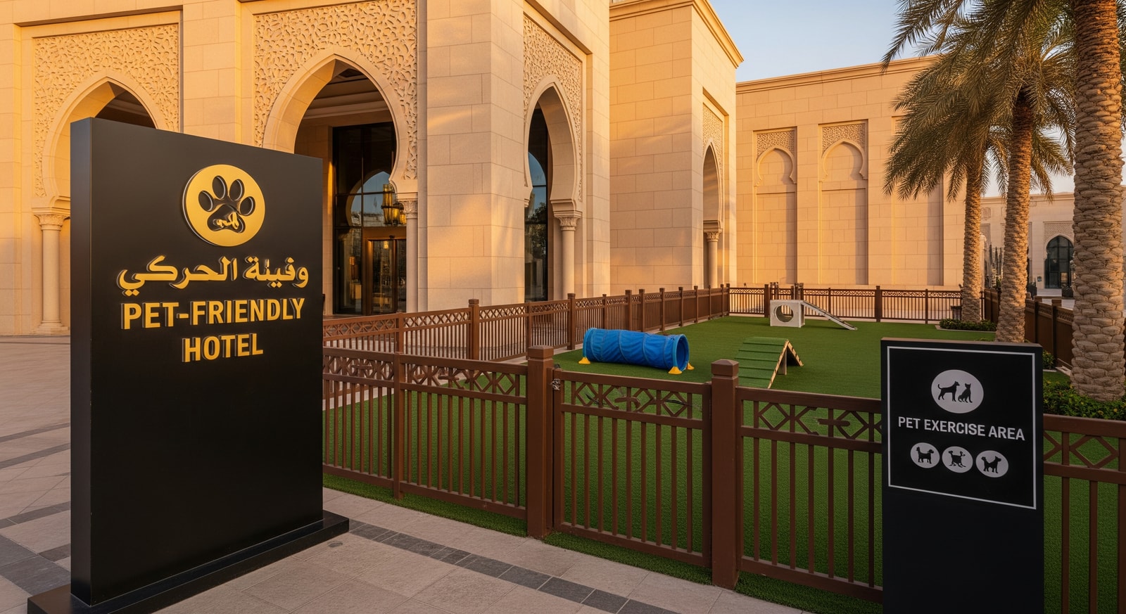 Pet-friendly signage and designated exercise area at an Abu Dhabi hotel entrance