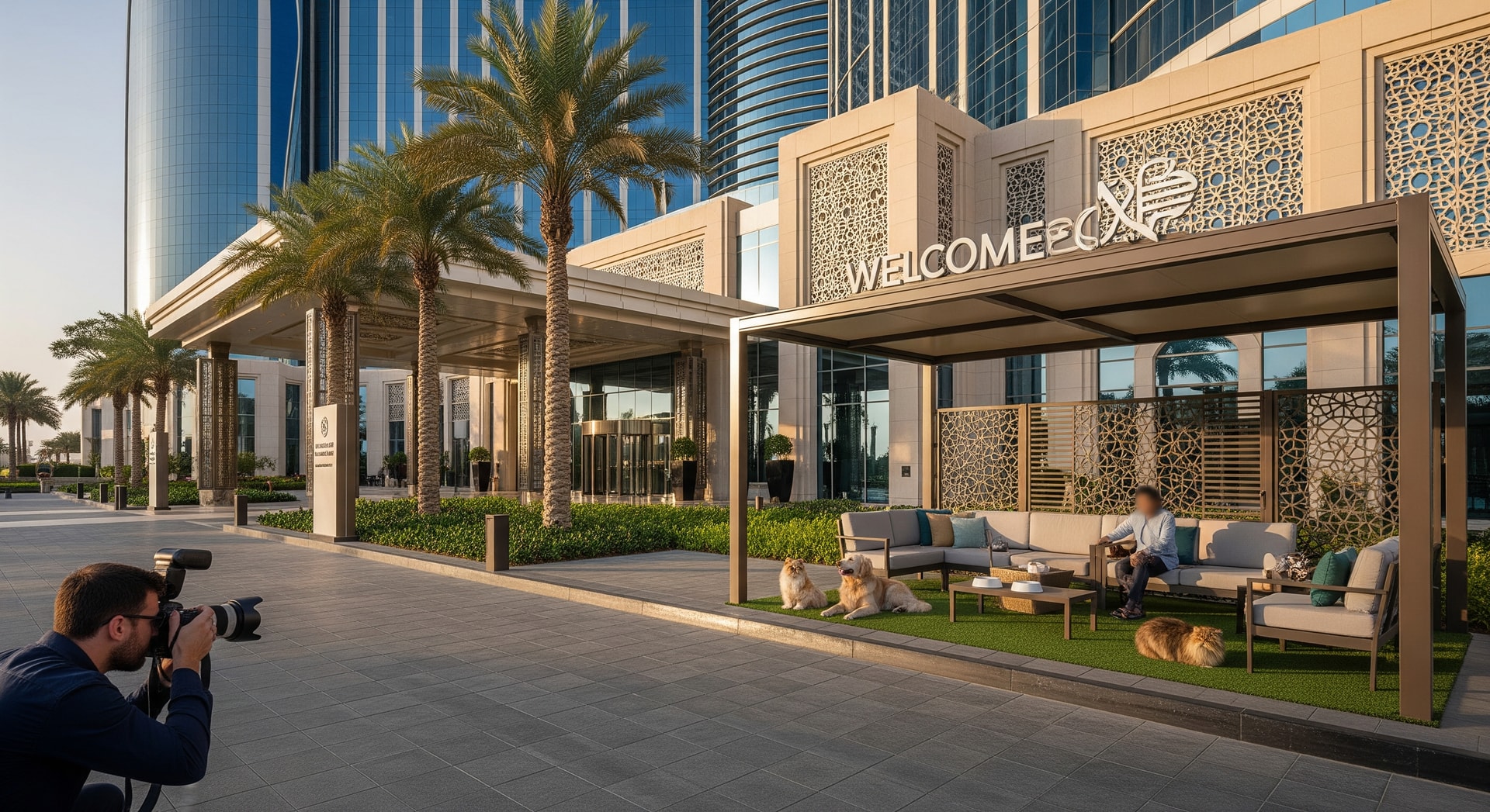Exterior of a luxury Abu Dhabi hotel with a pet-friendly welcome area
