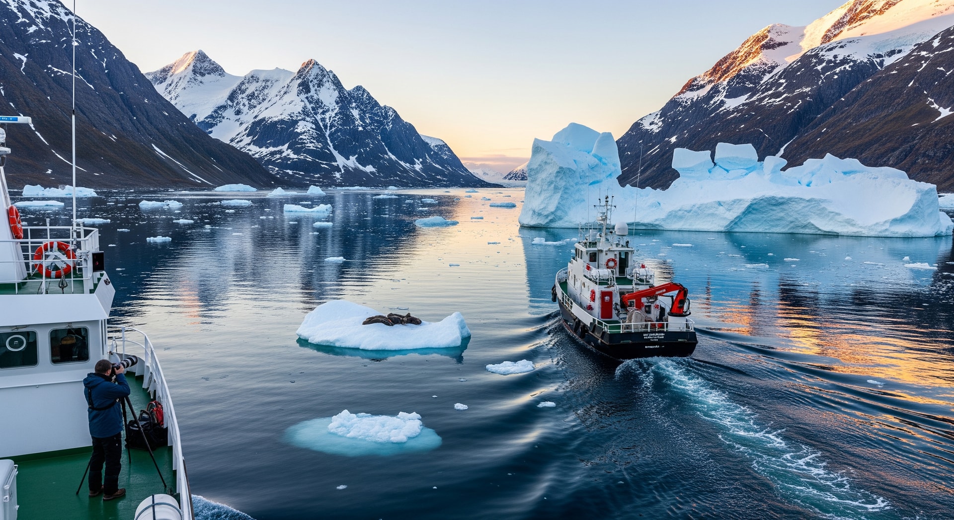 Small expedition ship navigating Arctic waters near Greenland fjords