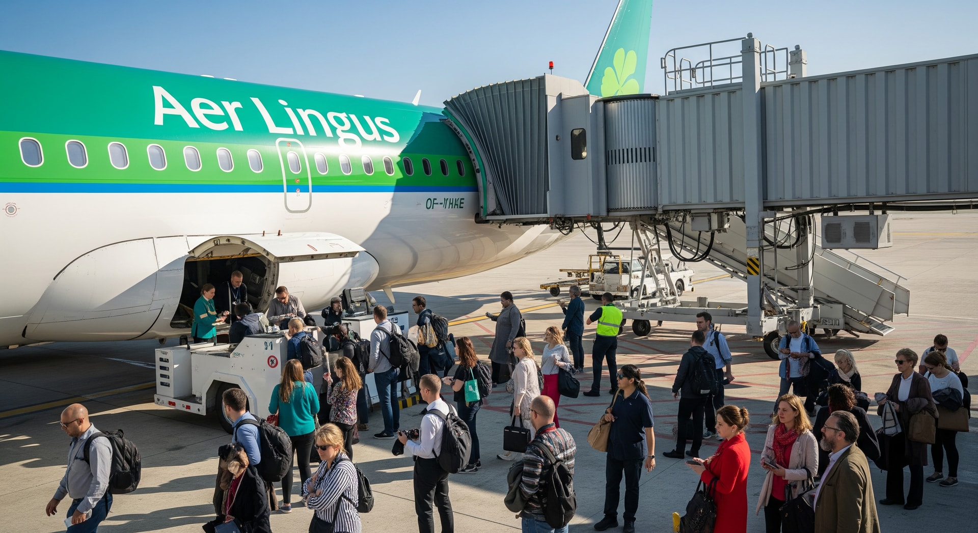 Aer Lingus aircraft at an airport gate with passengers presenting passports for boarding