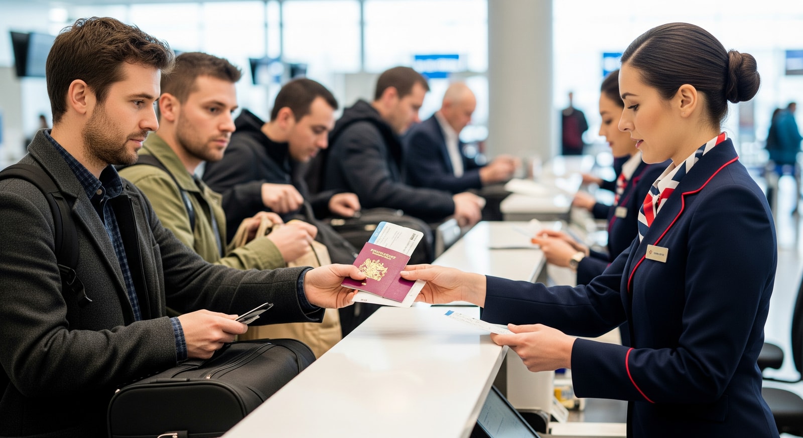 Passengers checking passports at an airport check-in desk before a UK-bound flight