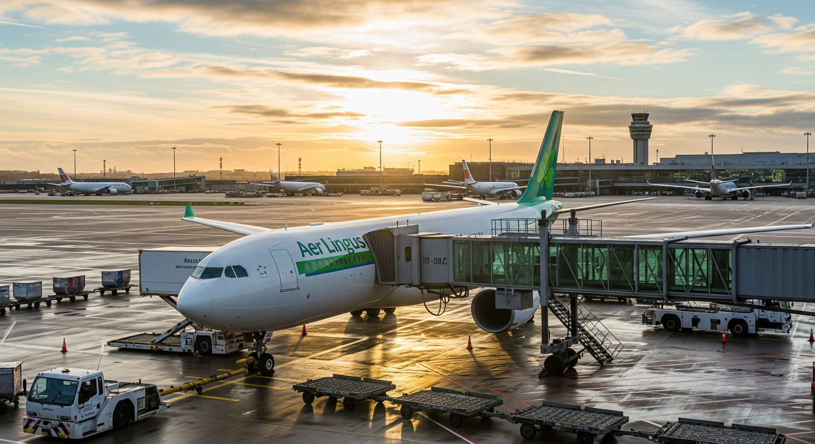 Aer Lingus A330 at an airport gate illustrating widebody deployment on the Dublin–Washington Dulles route
