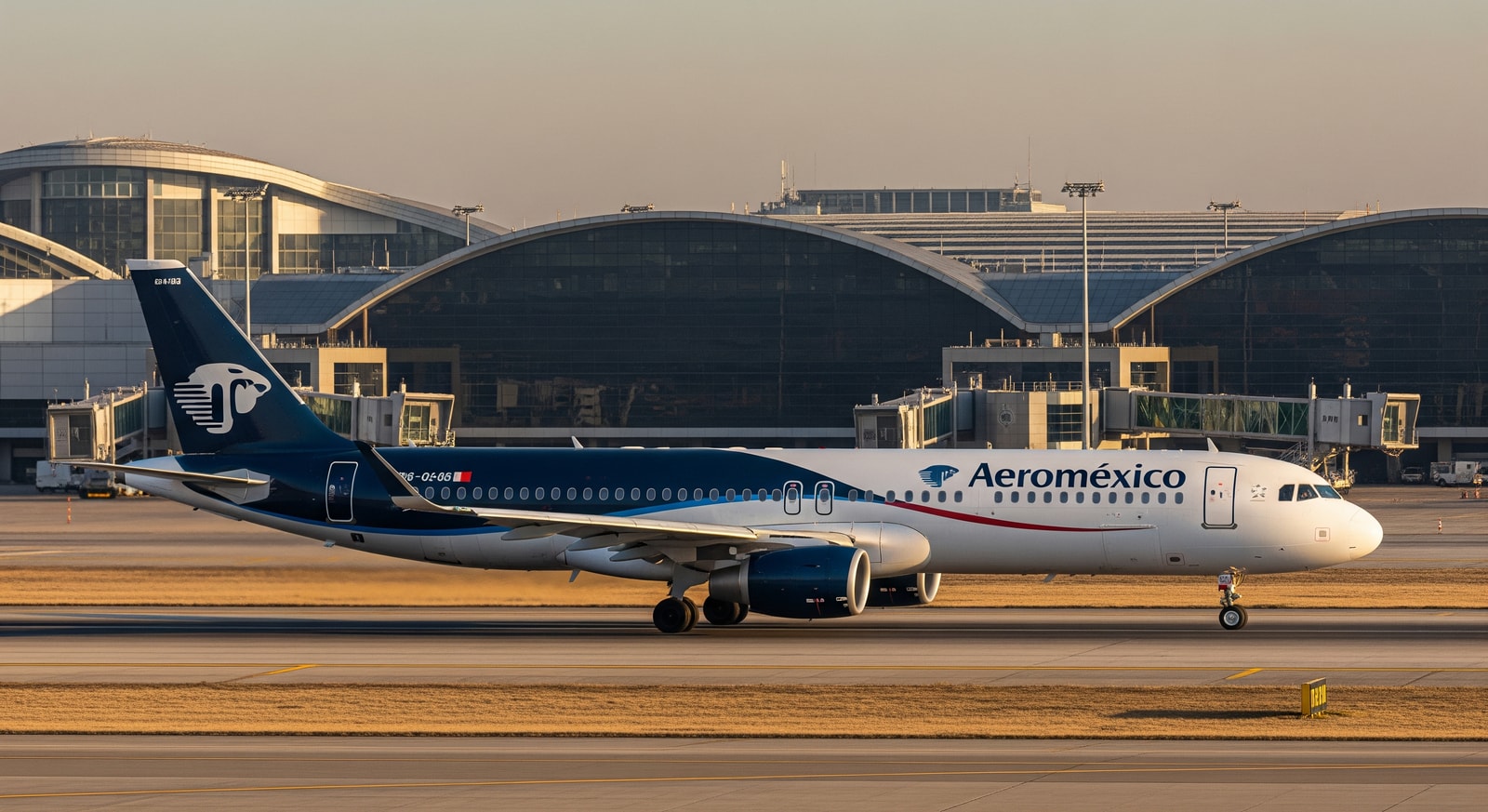 Aeroméxico jet taxiing at Mexico City airport with terminal in background