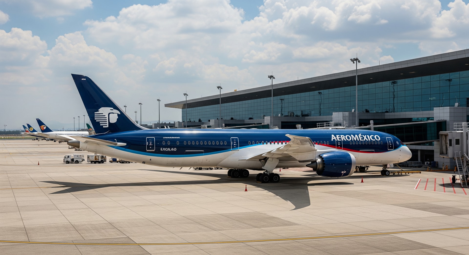 Aeroméxico aircraft at Mexico City airport apron with terminal buildings