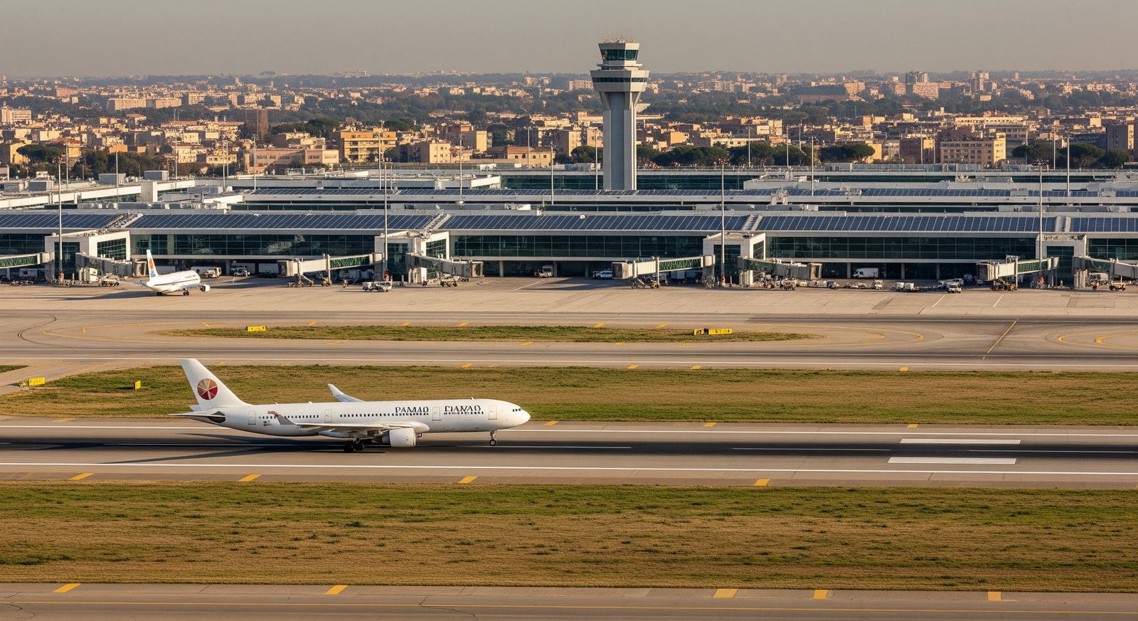 Rome Fiumicino Airport runway and terminals with solar panels and airport infrastructure