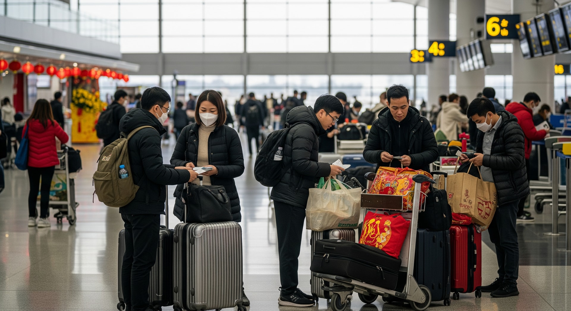 Travelers in an airport departure hall preparing for Lunar New Year travel