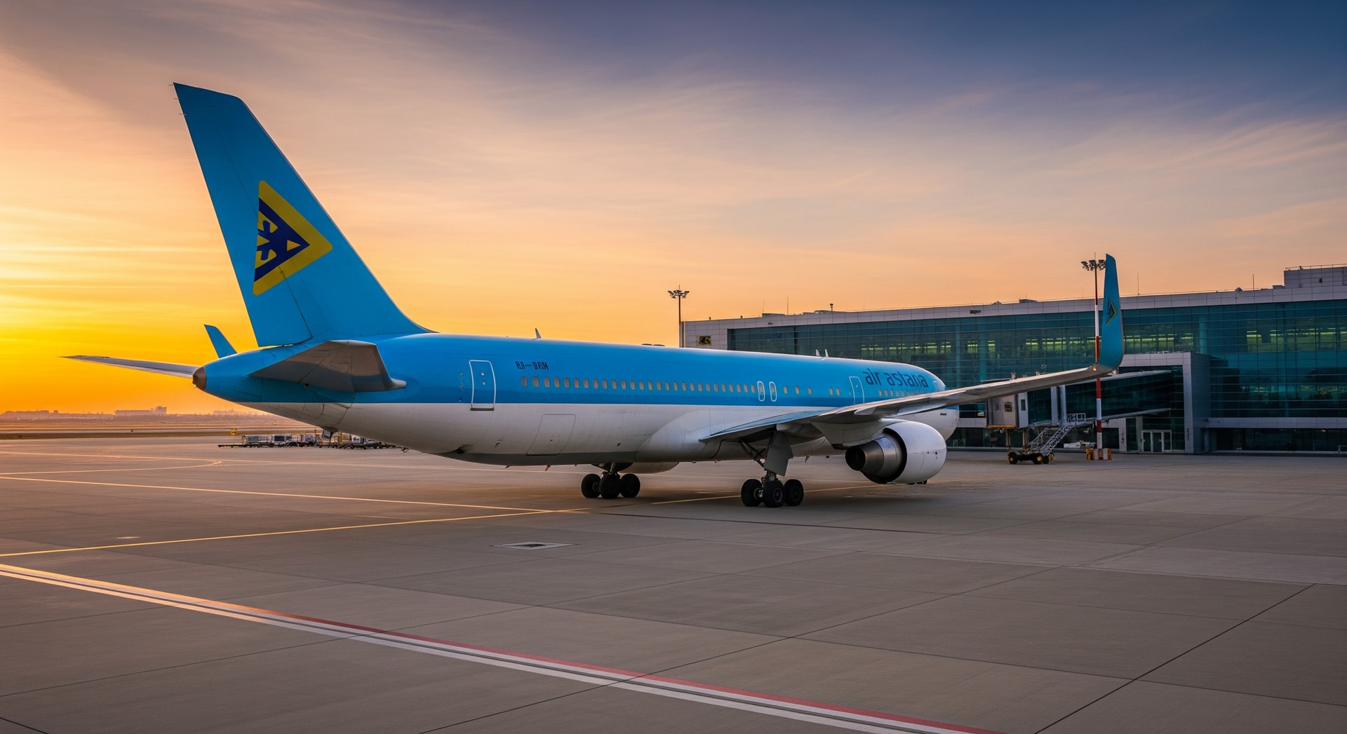 Air Astana aircraft on the tarmac preparing for an international flight between Astana and Guangzhou