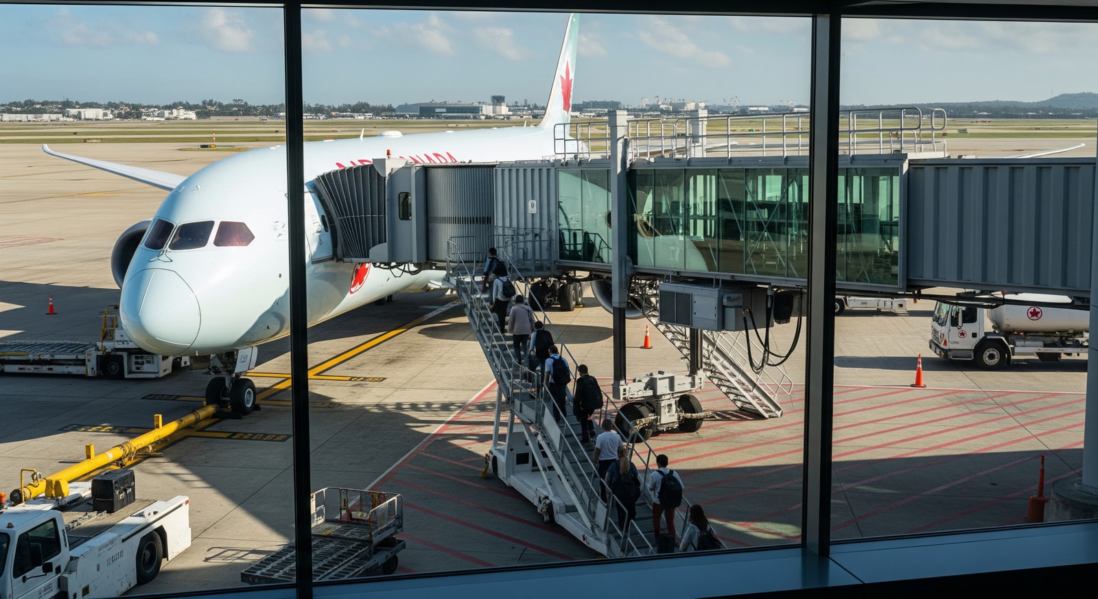 Air Canada Boeing 787 at an airport with travellers boarding — image related to evacuation flights to Puerto Vallarta