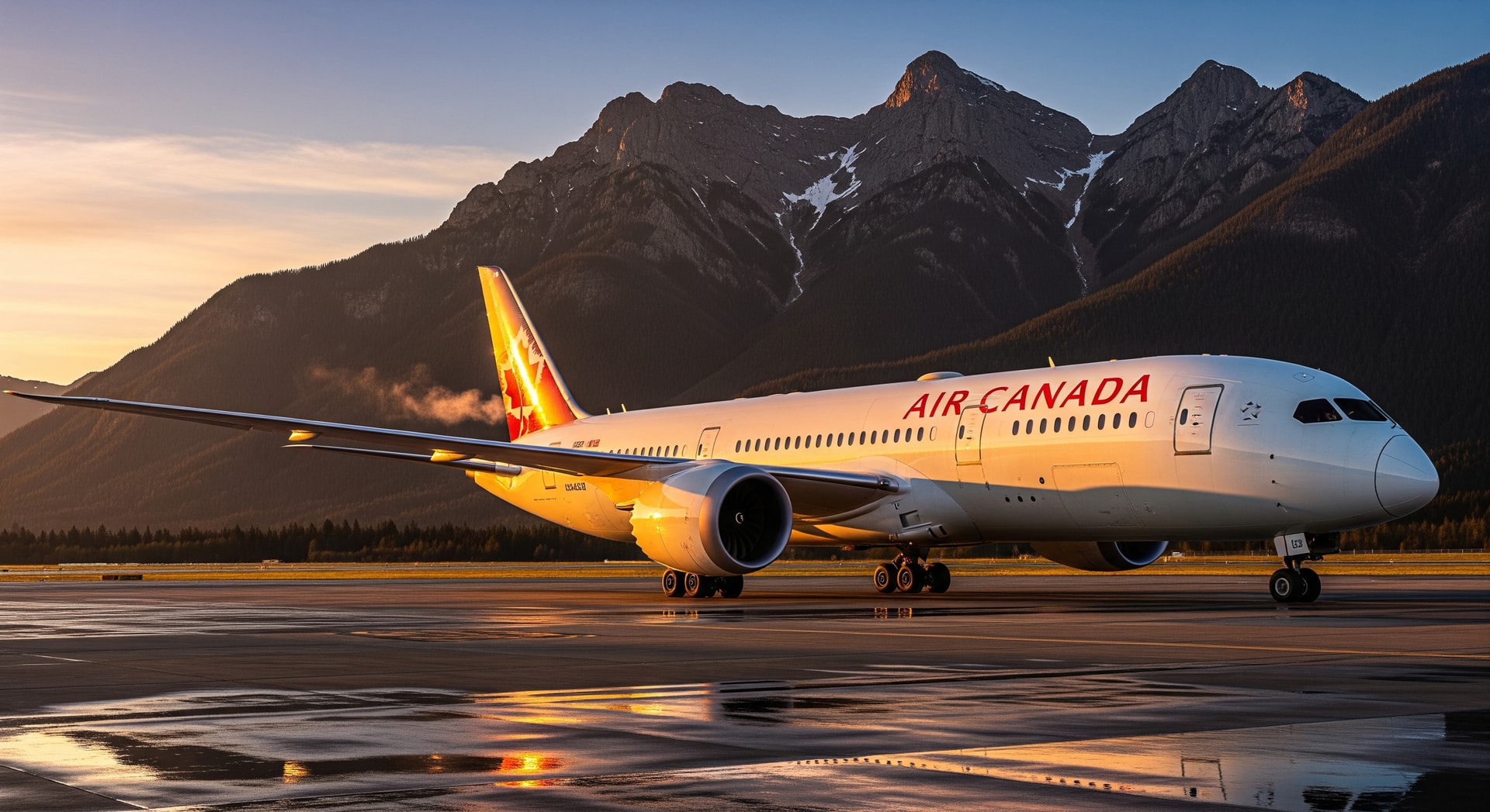 Air Canada Boeing 787 Dreamliner on the tarmac with mountains in the background