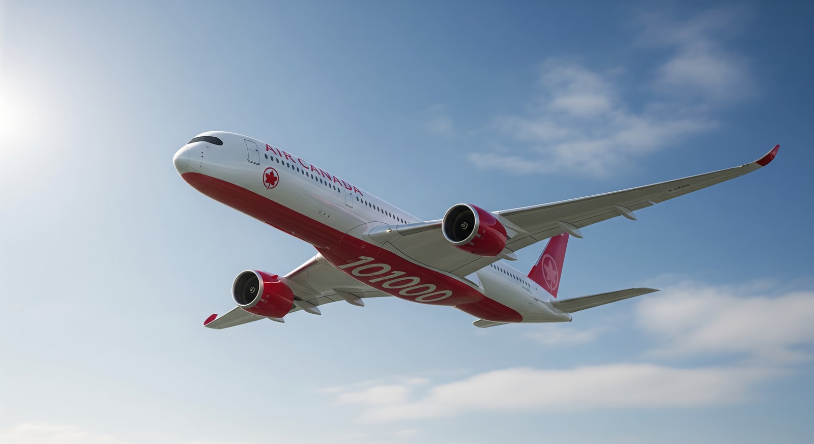 Airbus A350-1000 concept aircraft in flight with Air Canada livery and sky background