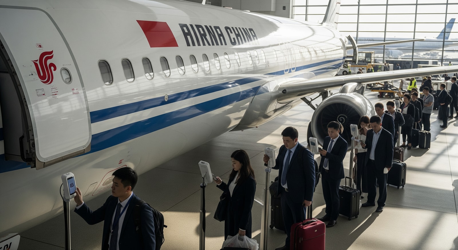 Air China aircraft at a gate with passengers using mobile boarding passes and facial recognition technology