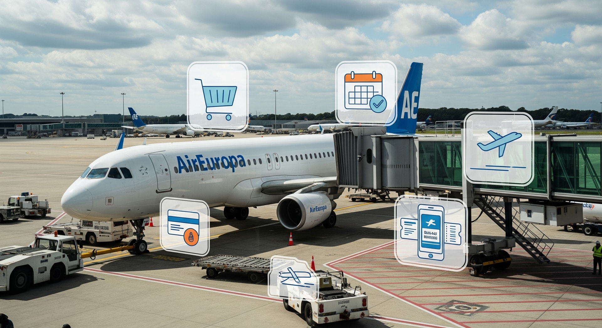 Air Europa aircraft at an airport gate with digital booking icons overlay