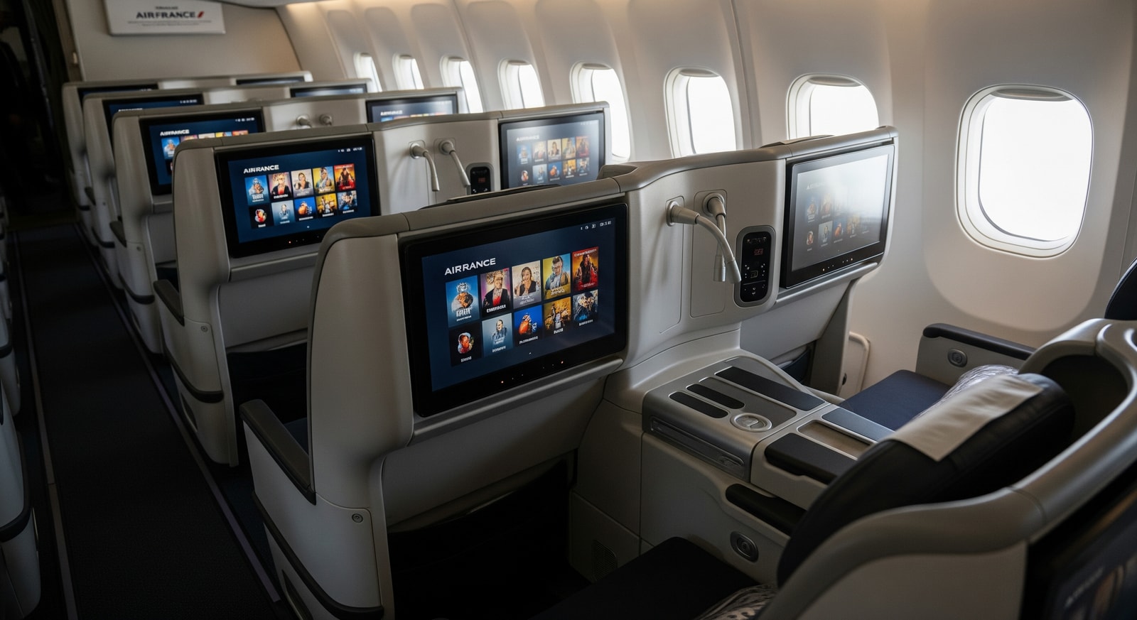 Air France cabin interior showing premium seating and in-flight entertainment on a transatlantic flight