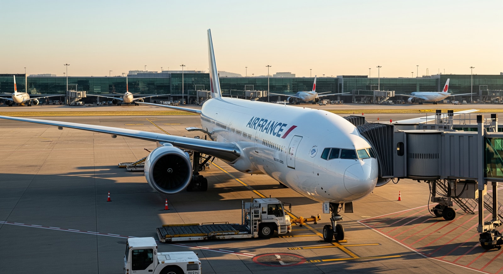Air France Boeing 777-300ER at an airport gate preparing for an international flight