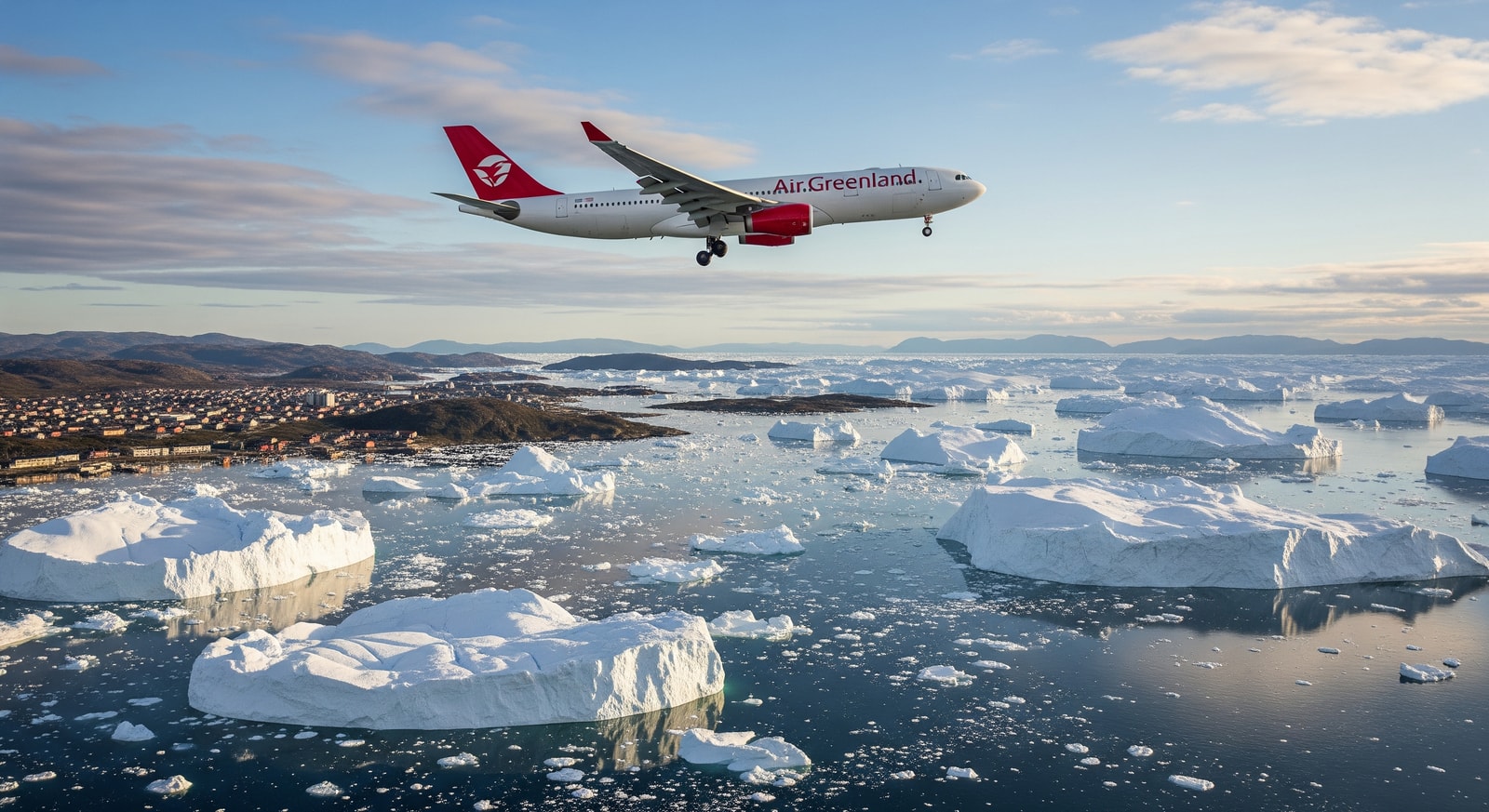 Air Greenland A330-800 approaching Ilulissat over the Icefjord — Copenhagen-Ilulissat flights