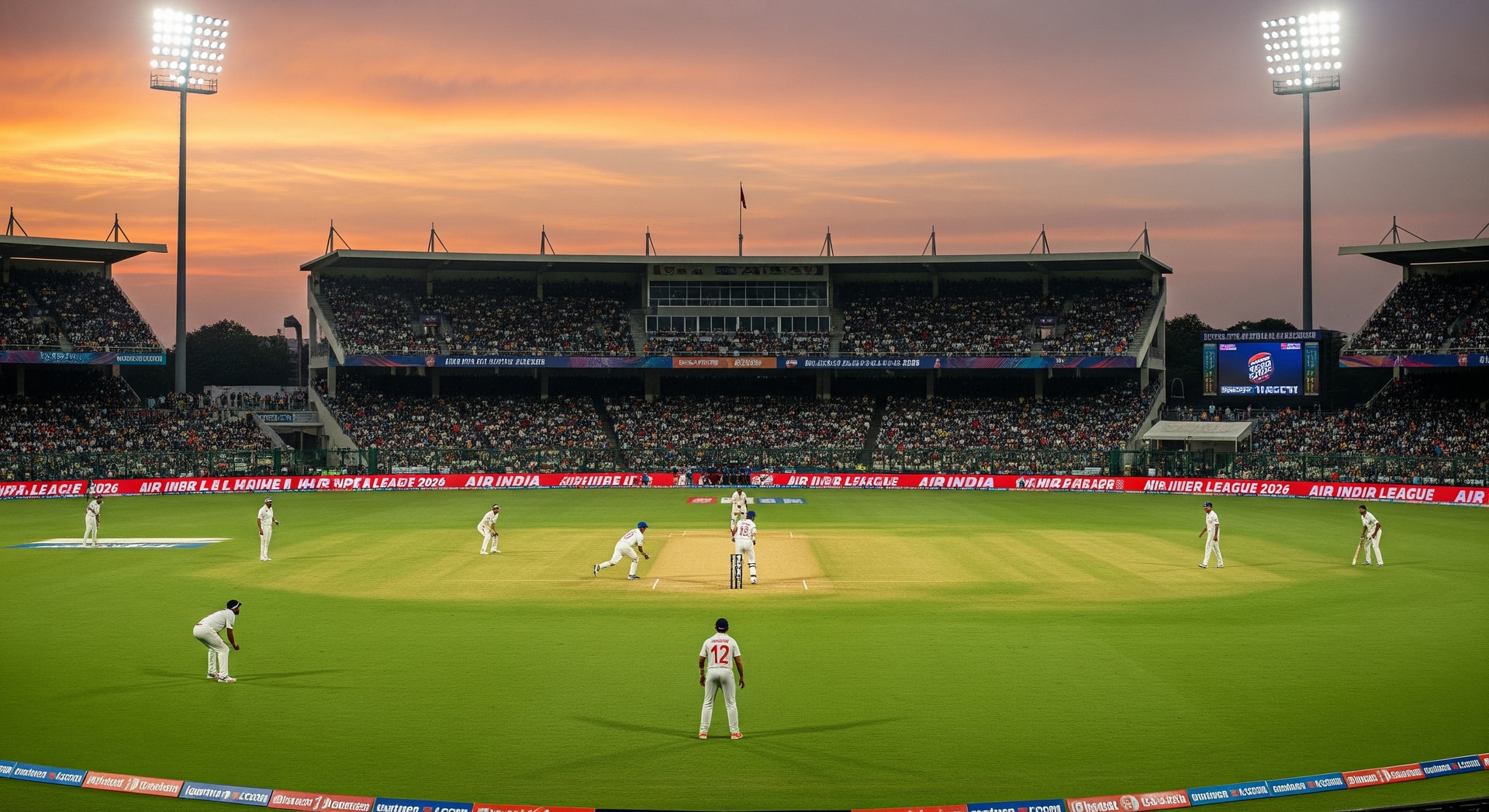Players compete in a cricket match during the Air India Super League 2026 finale in Delhi