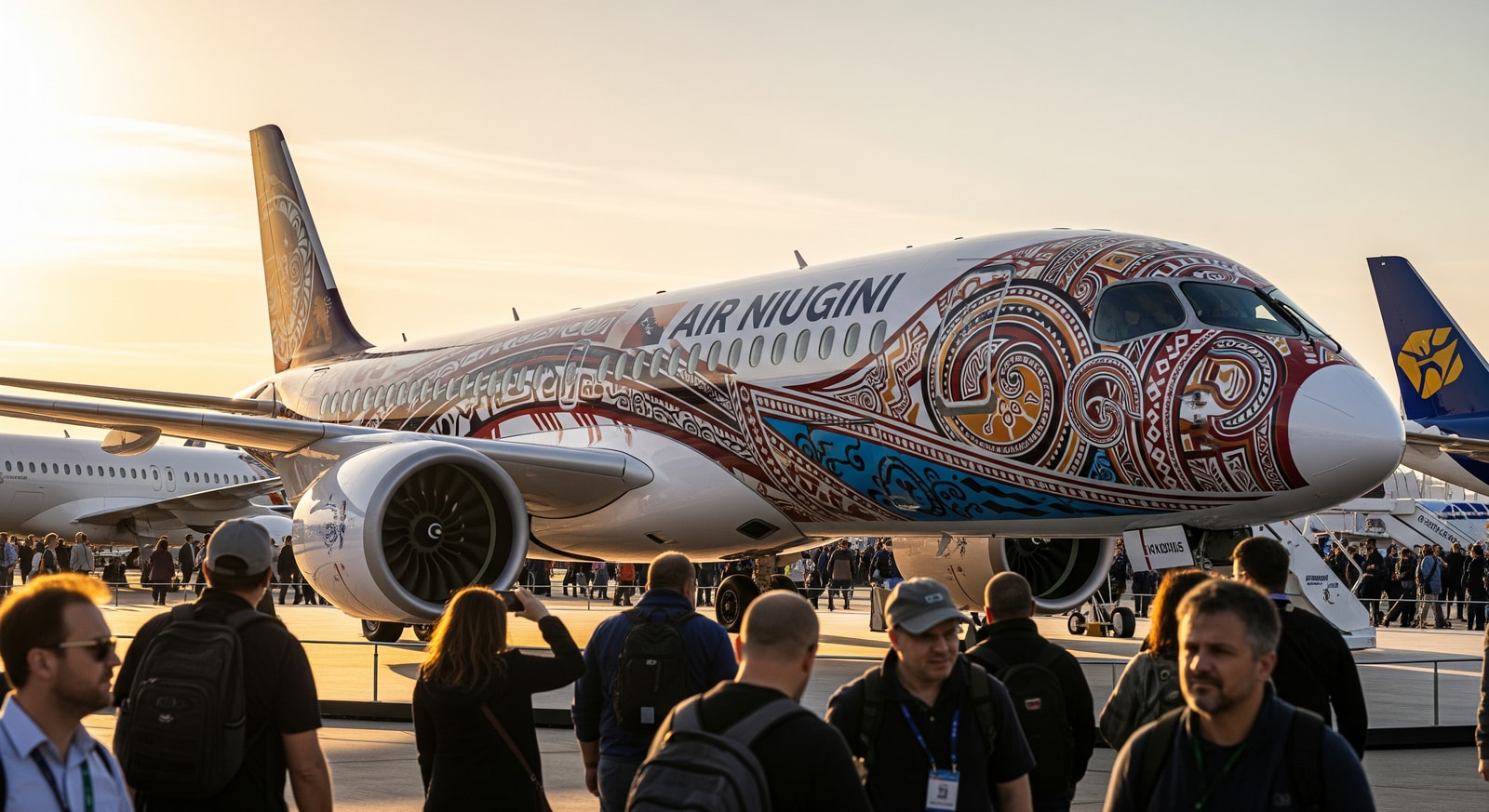 Air Niugini Airbus A220-300 at an international airshow, highlighting the aircraft's cultural livery