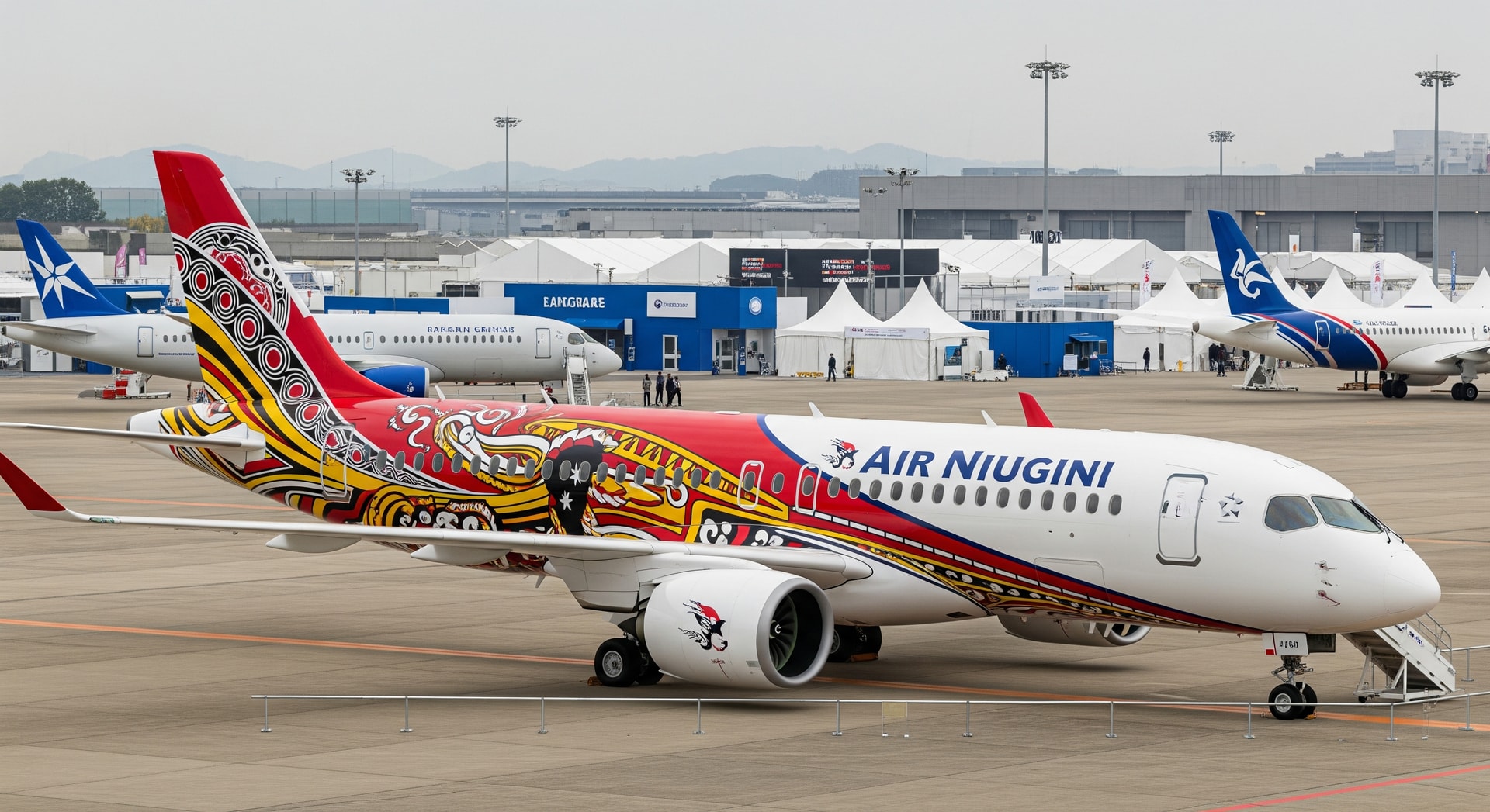 Air Niugini Airbus A220-300 on display at the Japan Airshow with PNG cultural livery