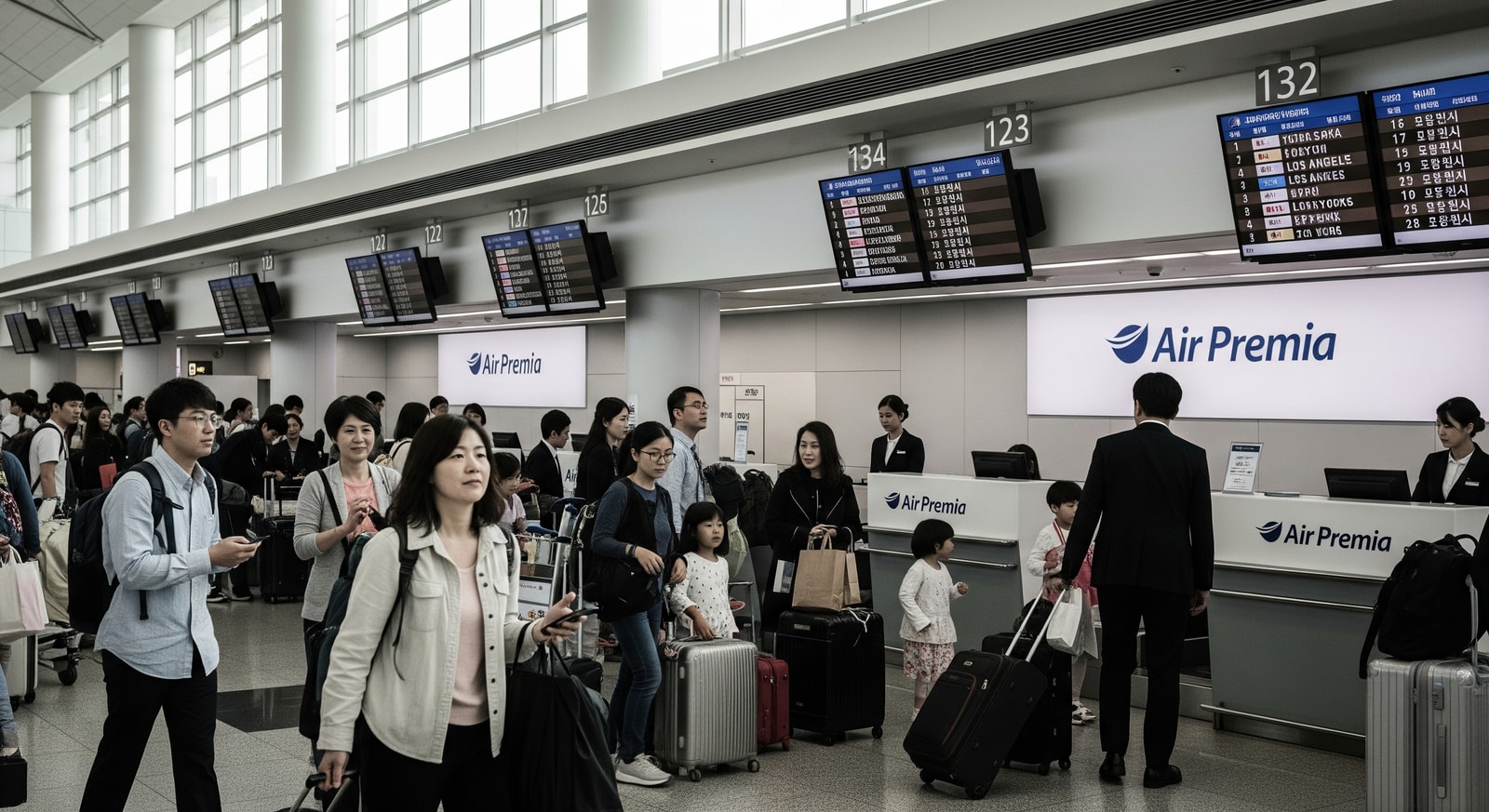 Passengers at an airport check-in area for flights from Seoul Incheon, illustrating Air Premia travel to Japan and the United States