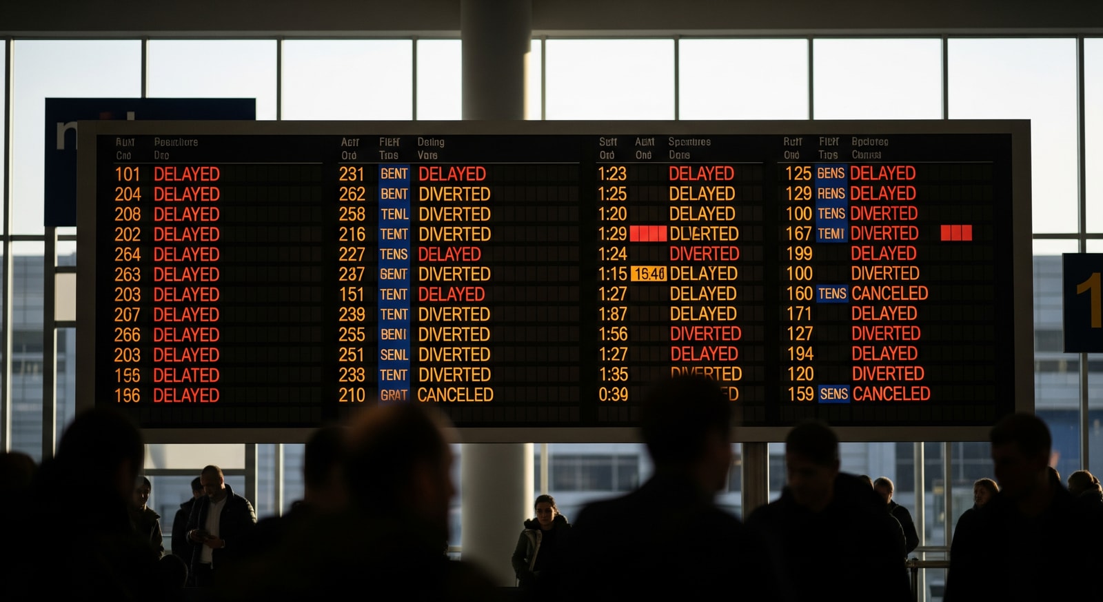 Airport departure board showing flight delays and diversions, illustrating airline disruption and emergency landing knock-on effects