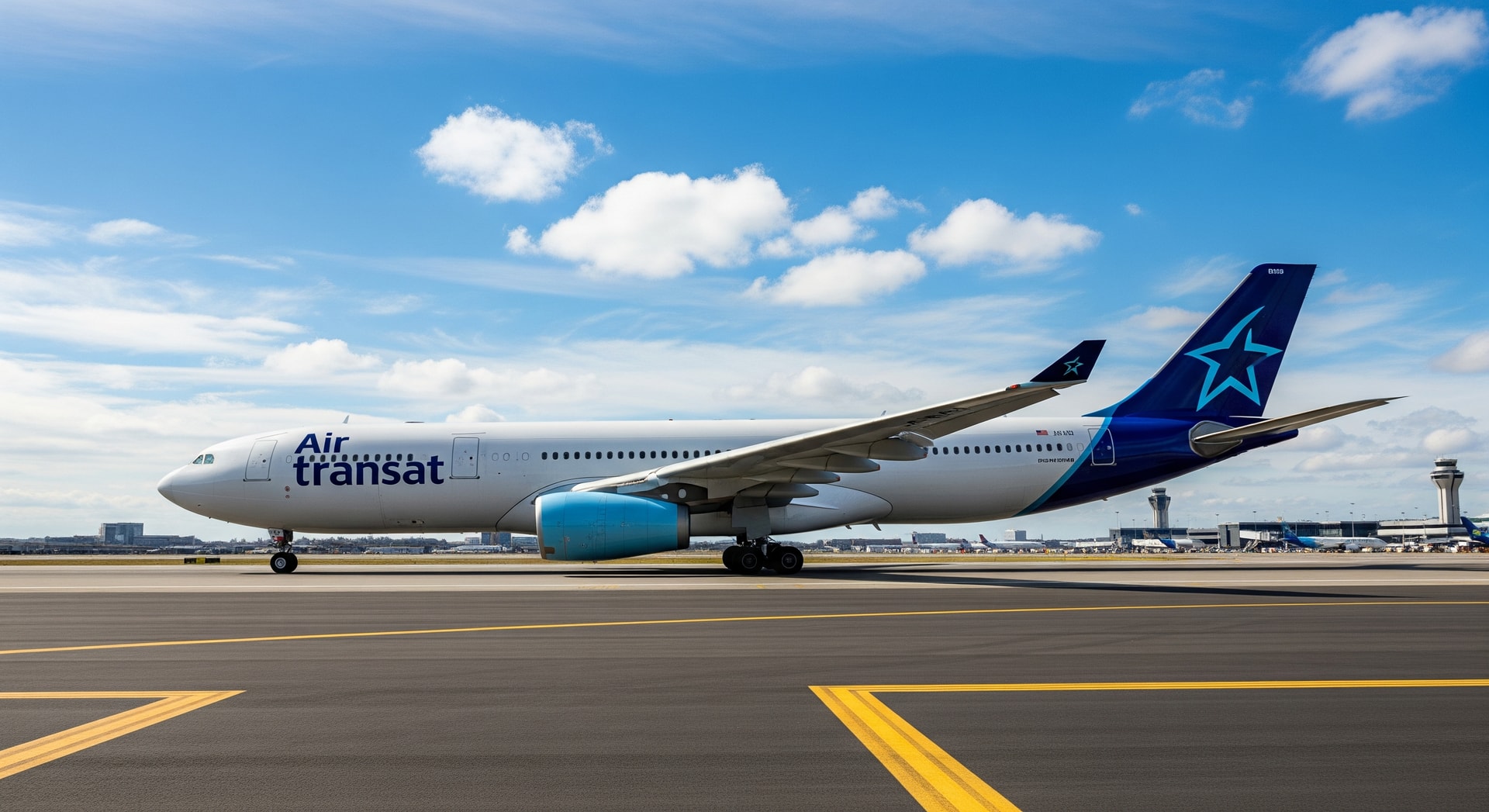An Air Transat aircraft on an airport taxiway during daylight