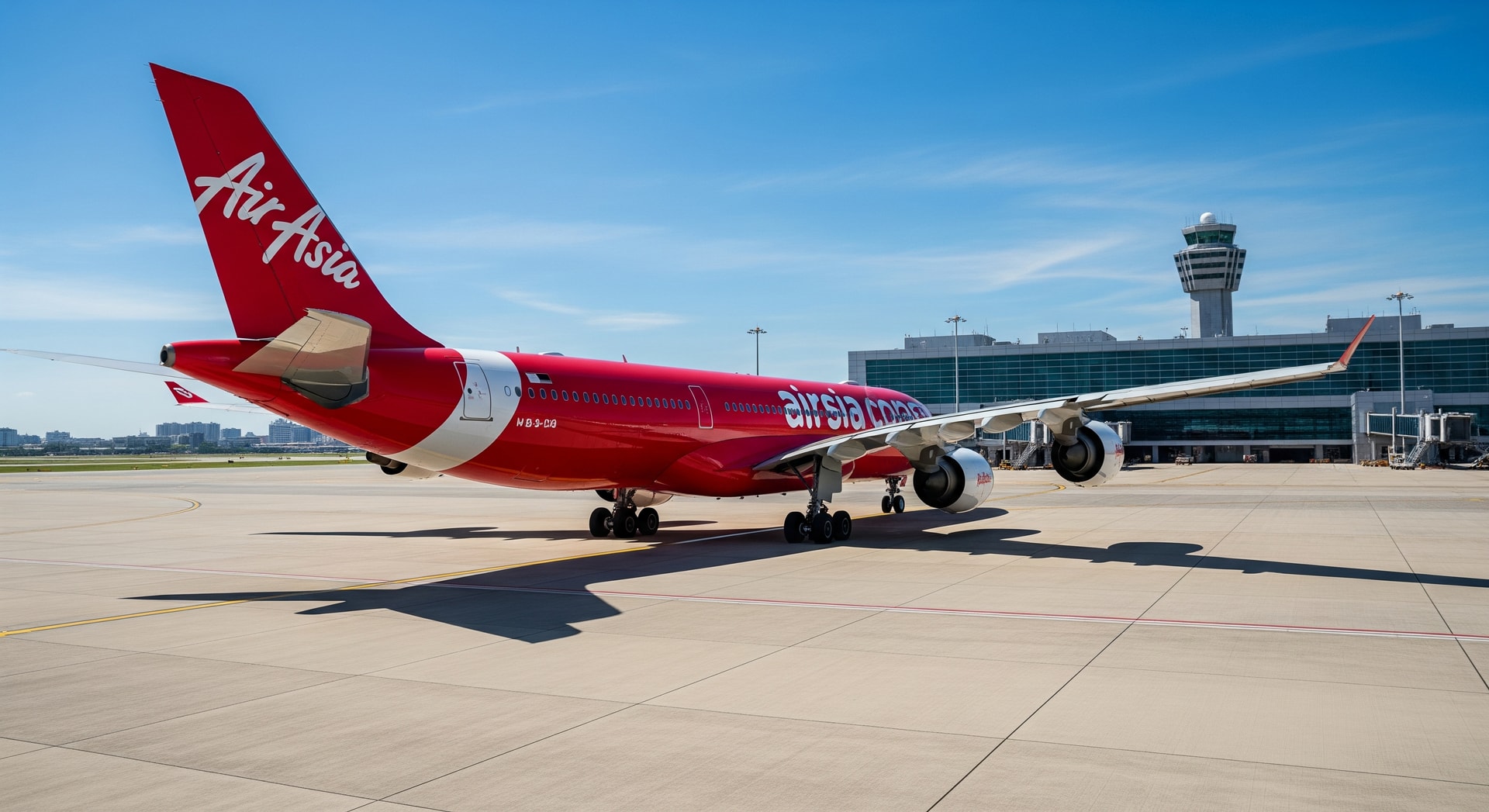 AirAsia X aircraft on the tarmac with an airport terminal in the background