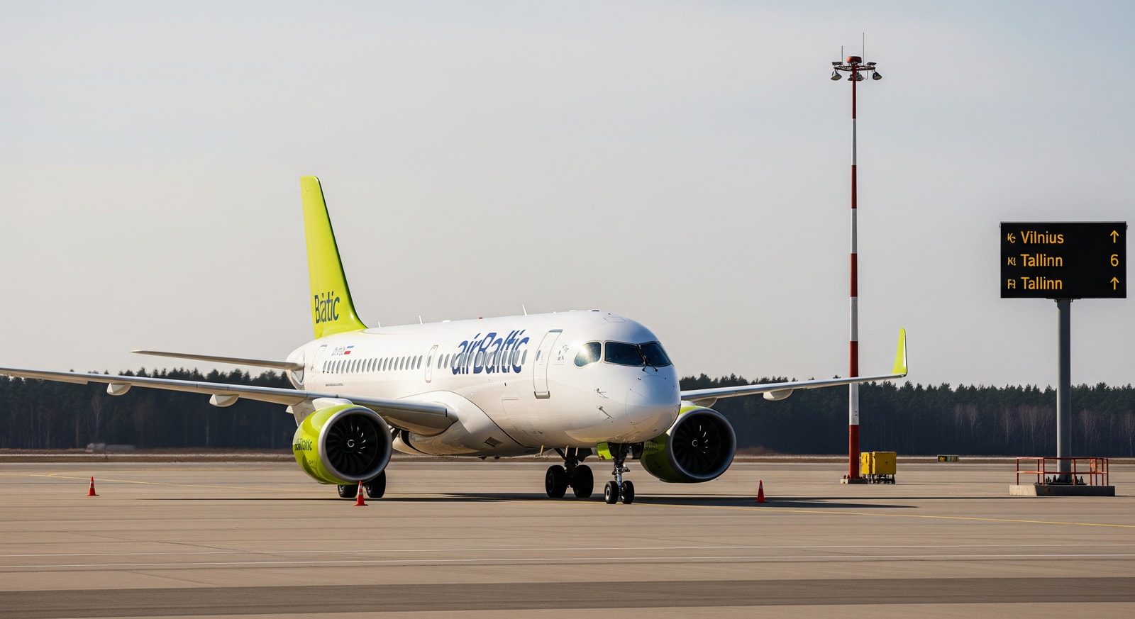 airBaltic Airbus A220-300 at Riga Airport illustrating connections to Vilnius and Tallinn