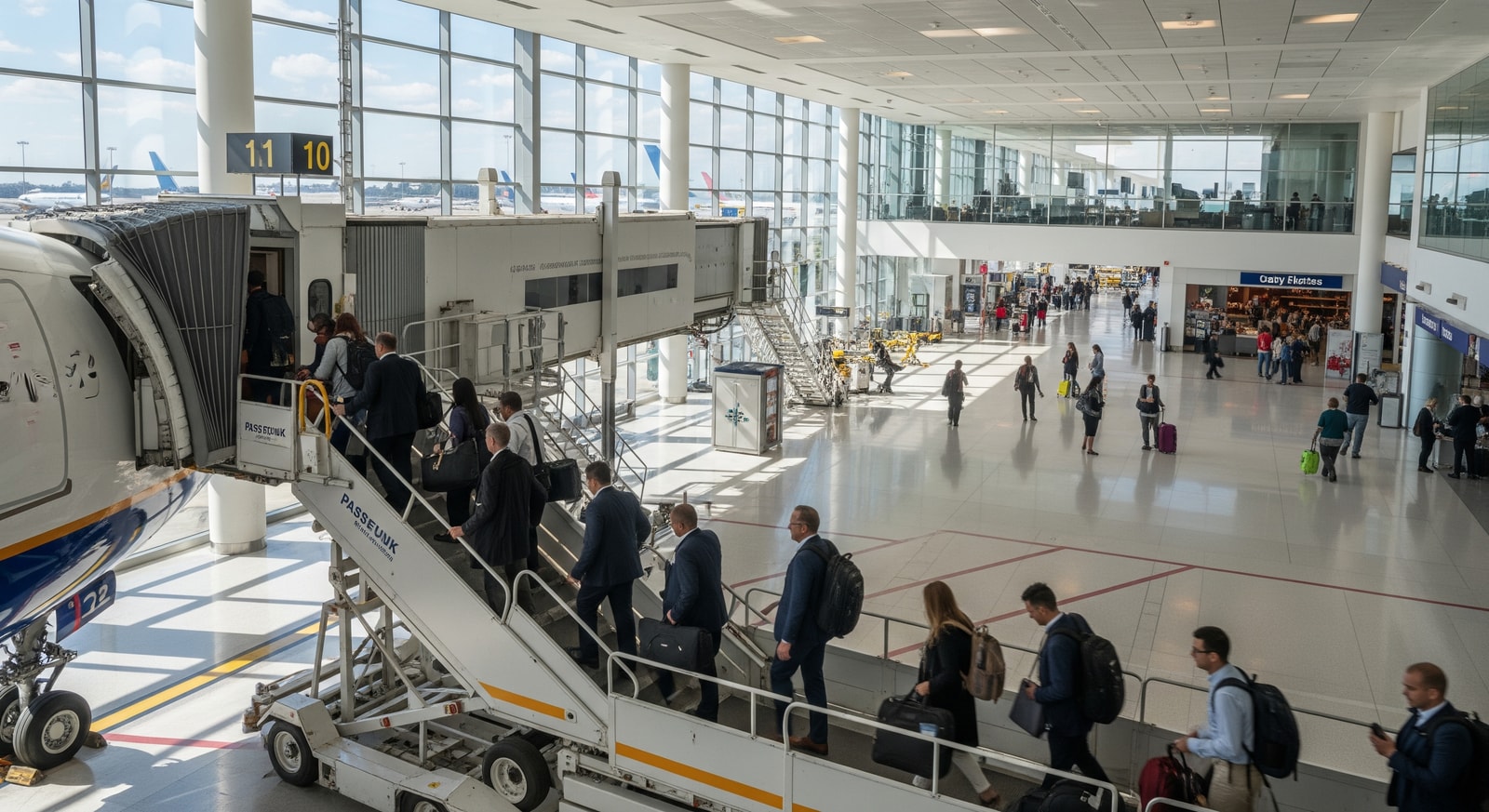 Passengers boarding an aircraft at a busy New York airport terminal representing new routes from JFK, Newark and LaGuardia