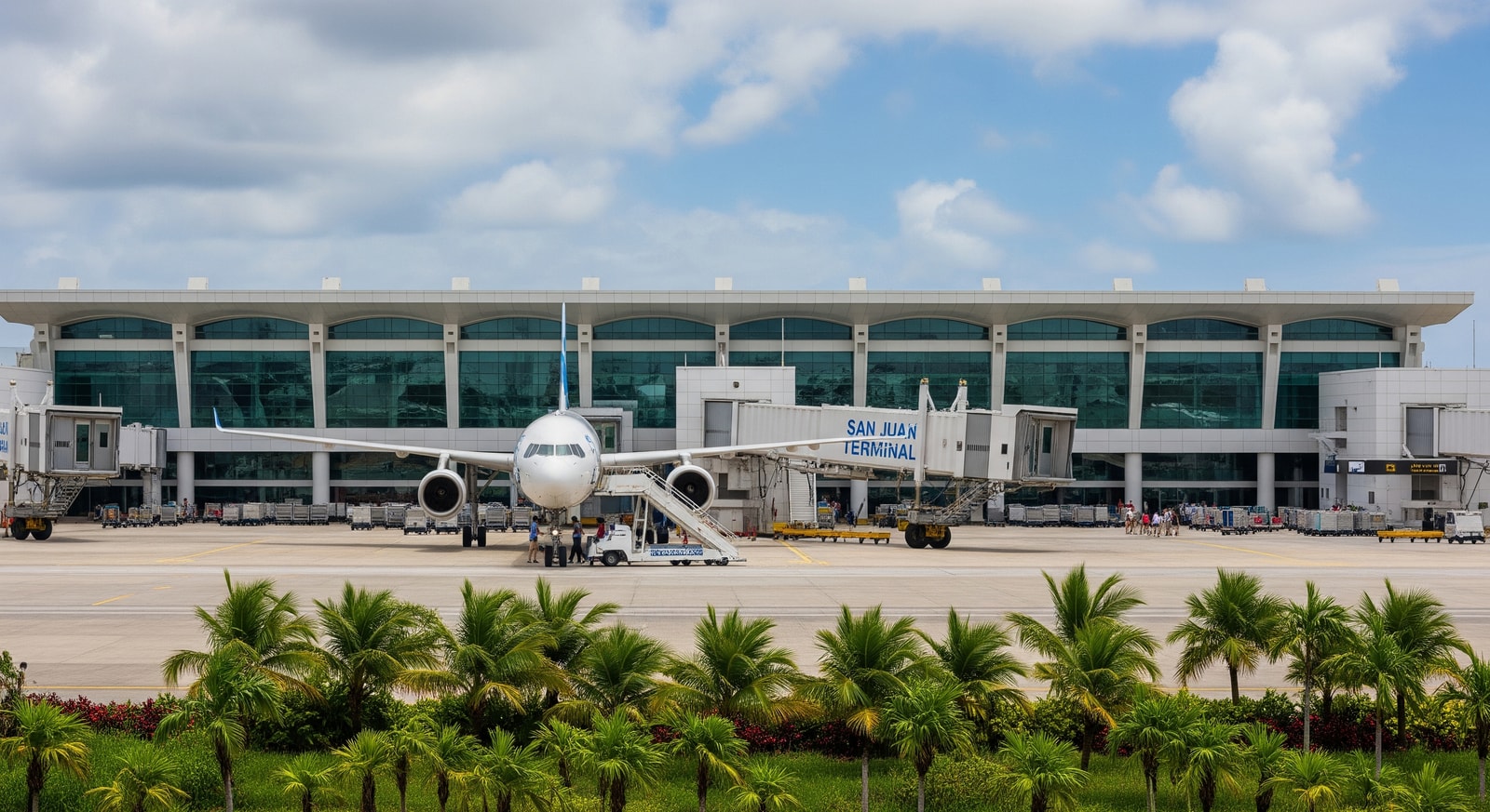 Passengers disembarking at San Juan airport terminal with tropical landscape outside