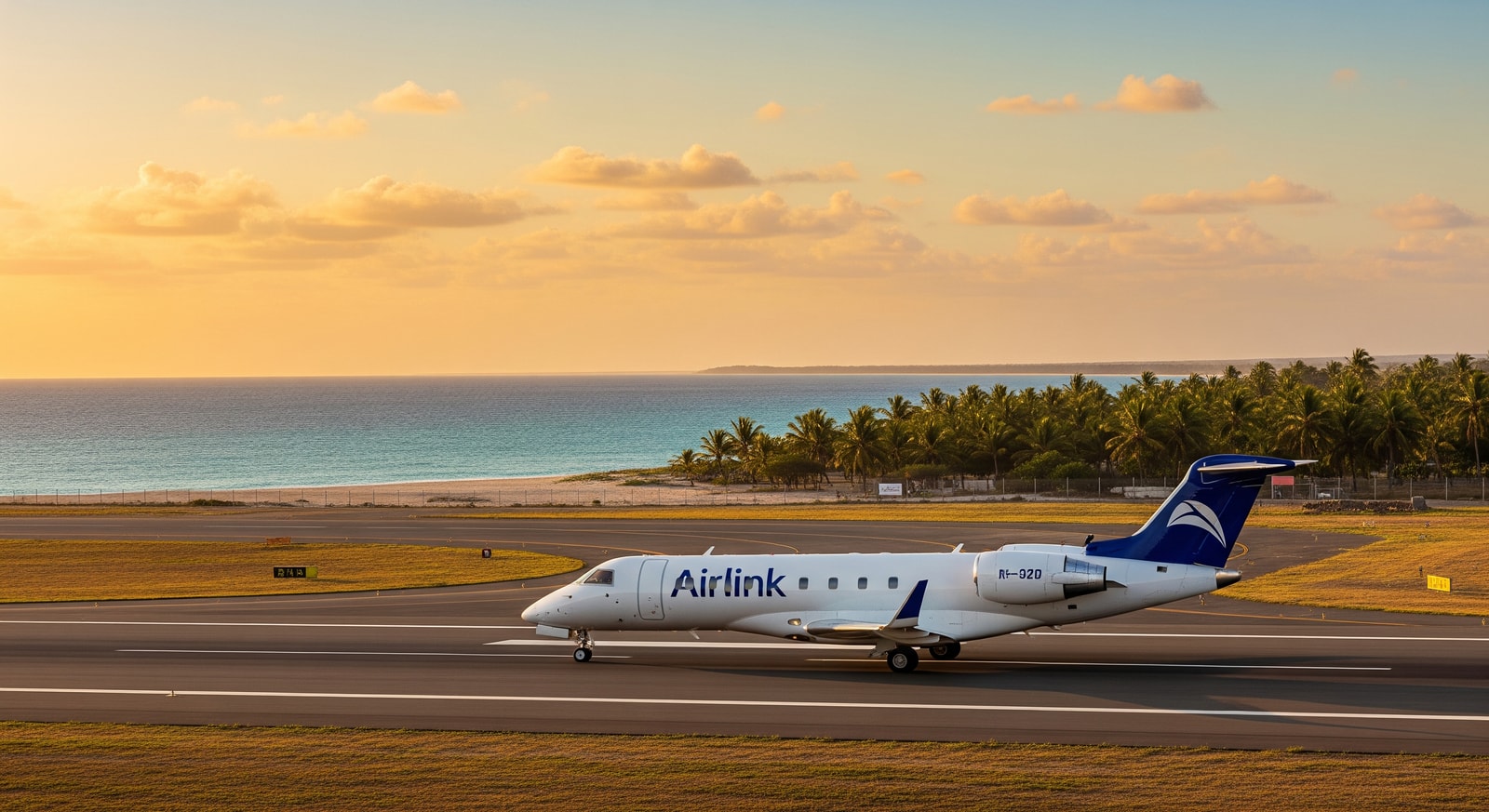 Airlink regional jet on runway with coastal scenery representing Nacala and Johannesburg connection