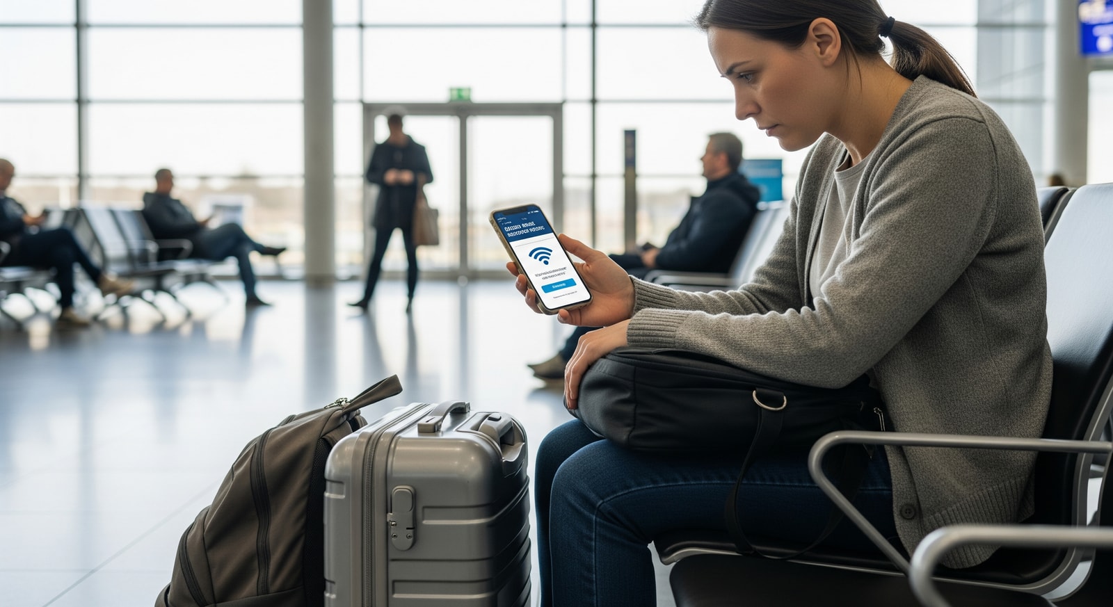 Passenger checking official airport WiFi information while keeping belongings close to avoid airport scams