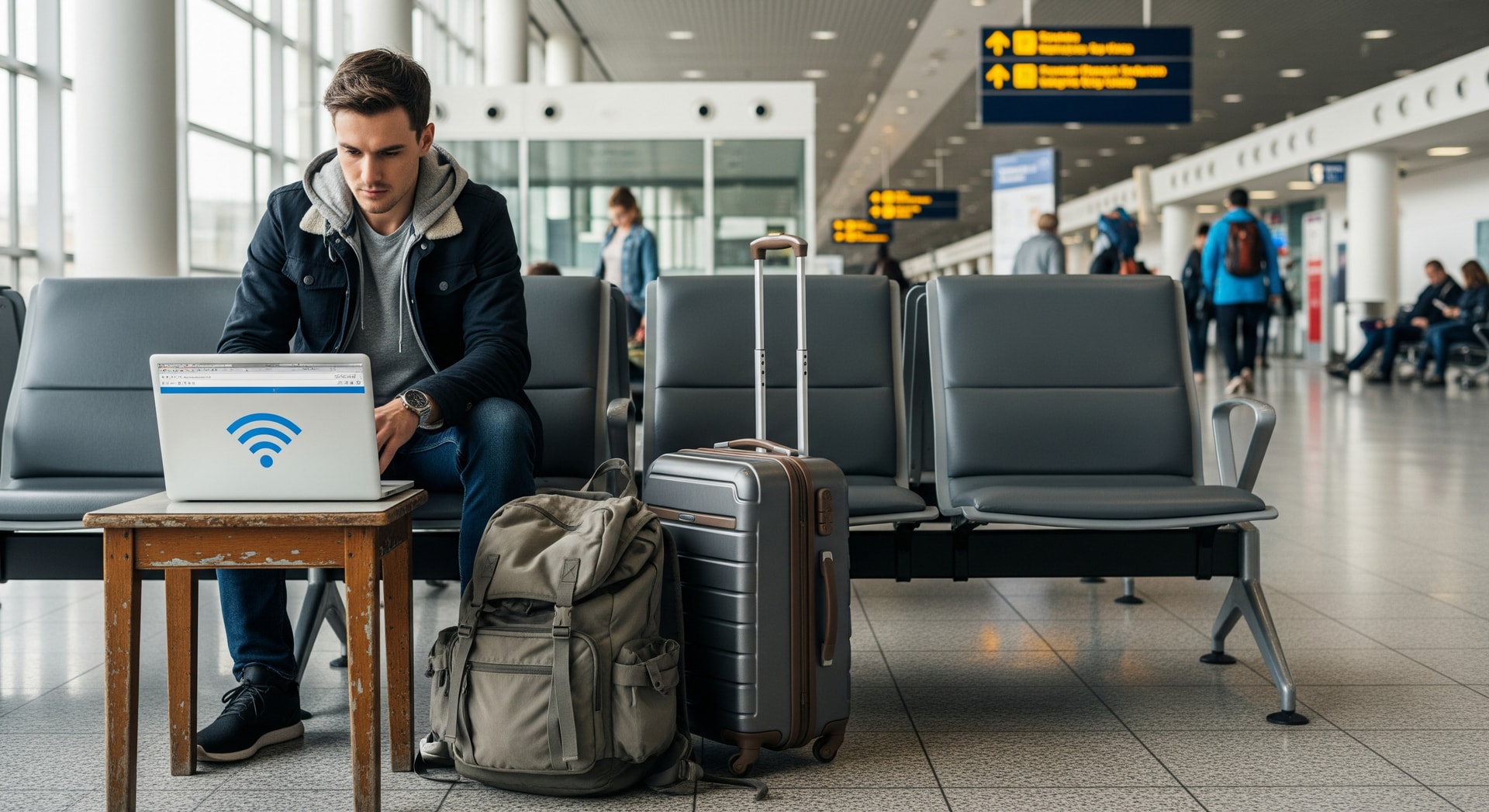 Traveller using airport WiFi while keeping belongings secure — airport scams and safety