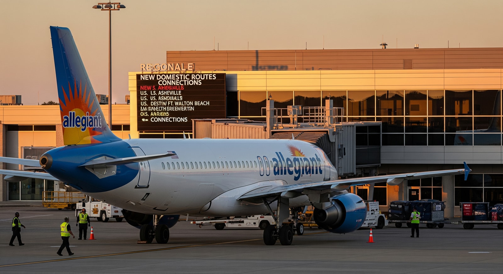 Allegiant Air aircraft at a regional airport illustrating new domestic routes and destination connections