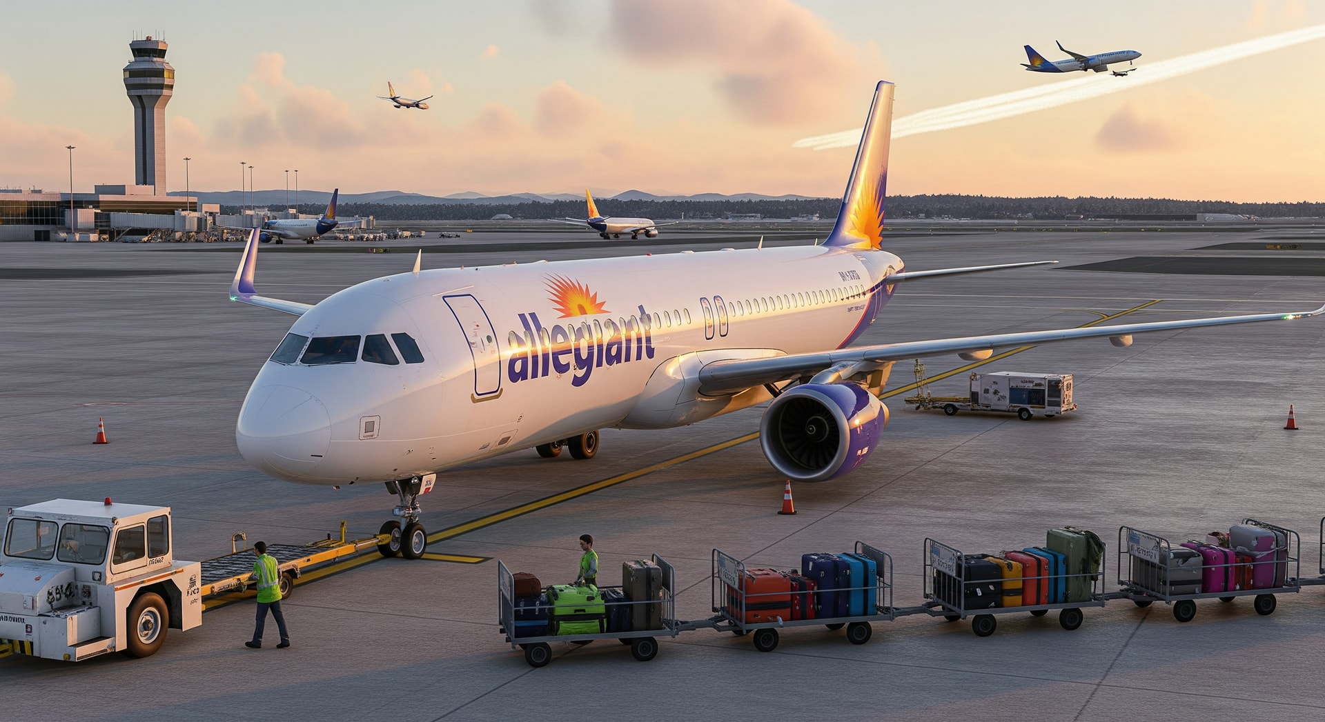 Allegiant Air aircraft at a regional airport ramp illustrating new domestic routes