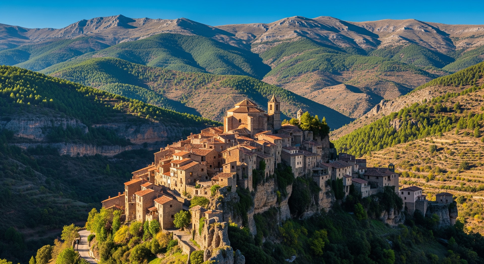 Panoramic view of Alpuente village with stone houses and surrounding Serranía del Turia mountains