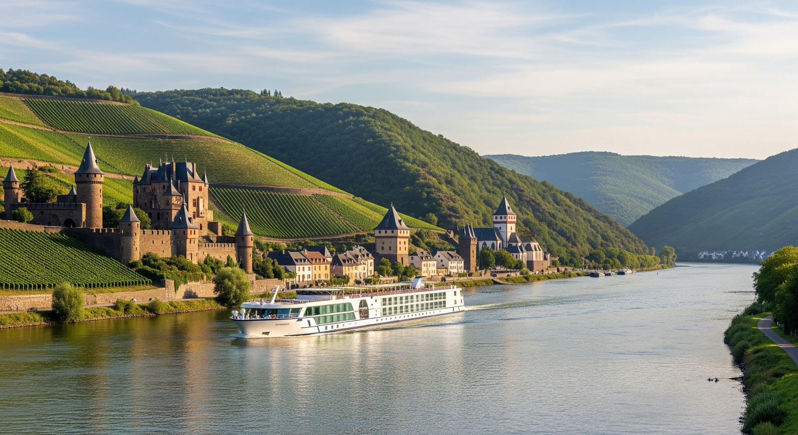AmaWaterways ship cruising a European river past vineyards and castles, illustrating Danube, Rhine and Douro itineraries