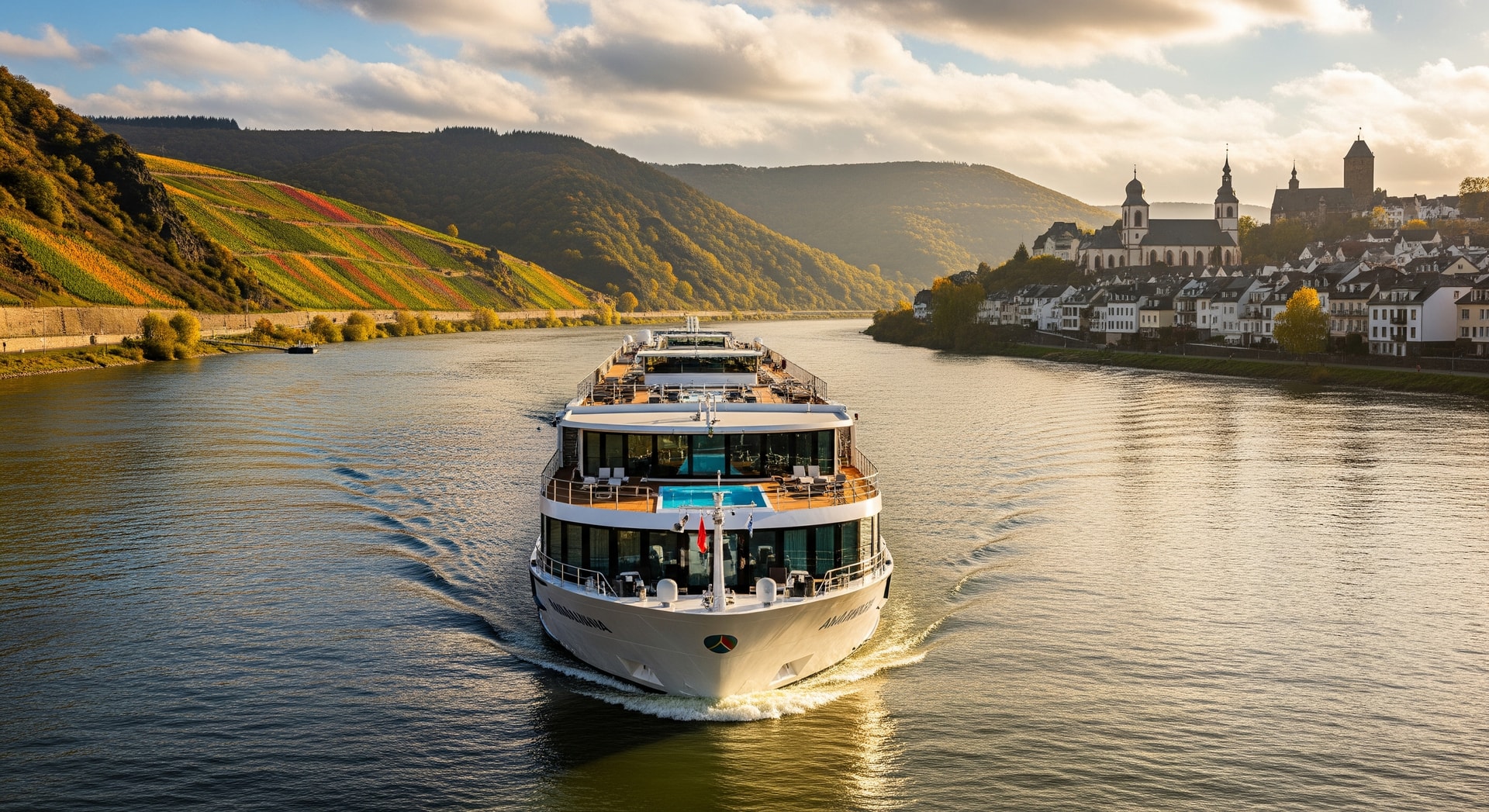AmaWaterways river cruise ship sailing past Europe river landscapes