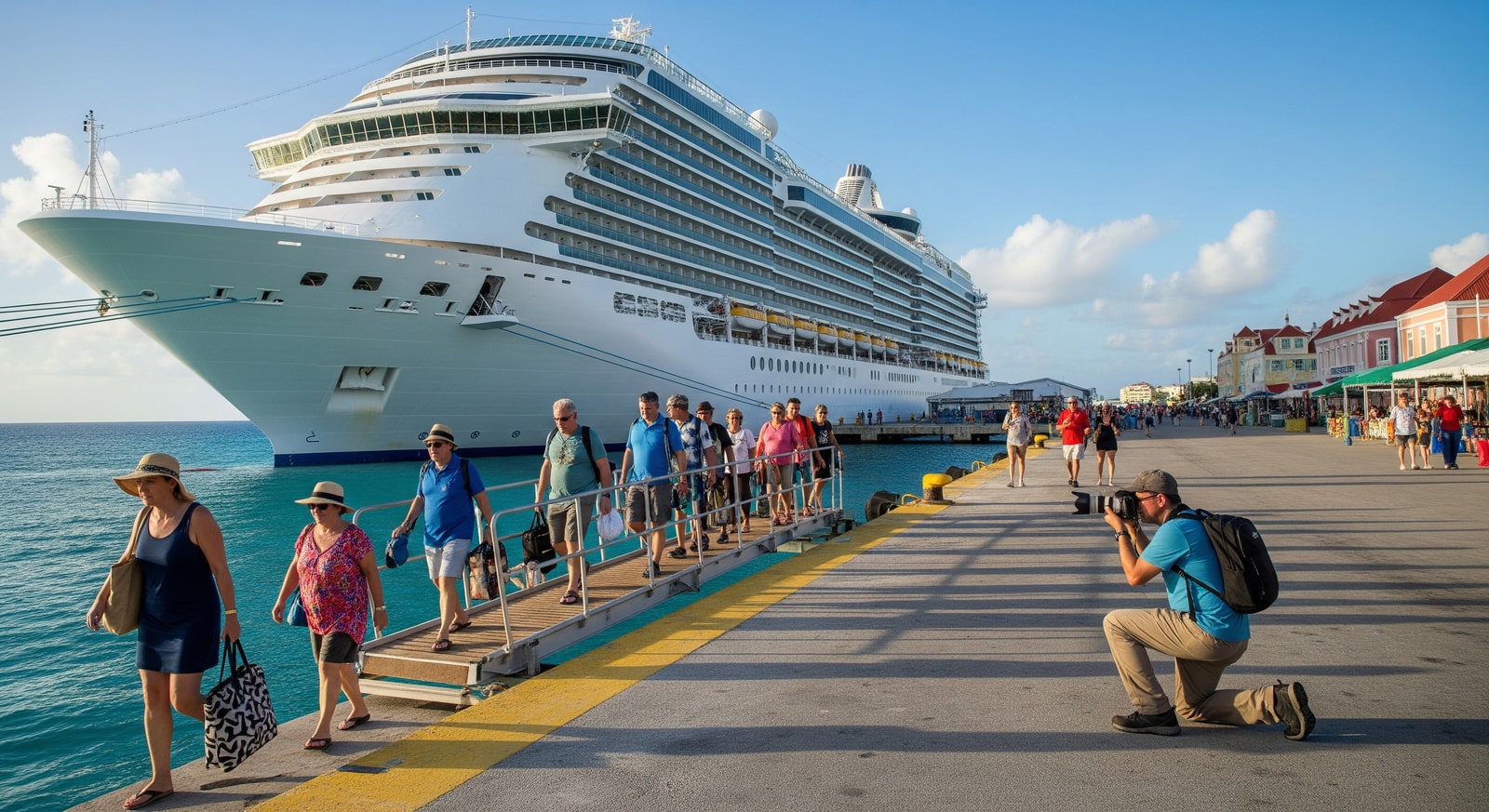 Ambience cruise ship visiting Caribbean ports with passengers disembarking for shore excursions
