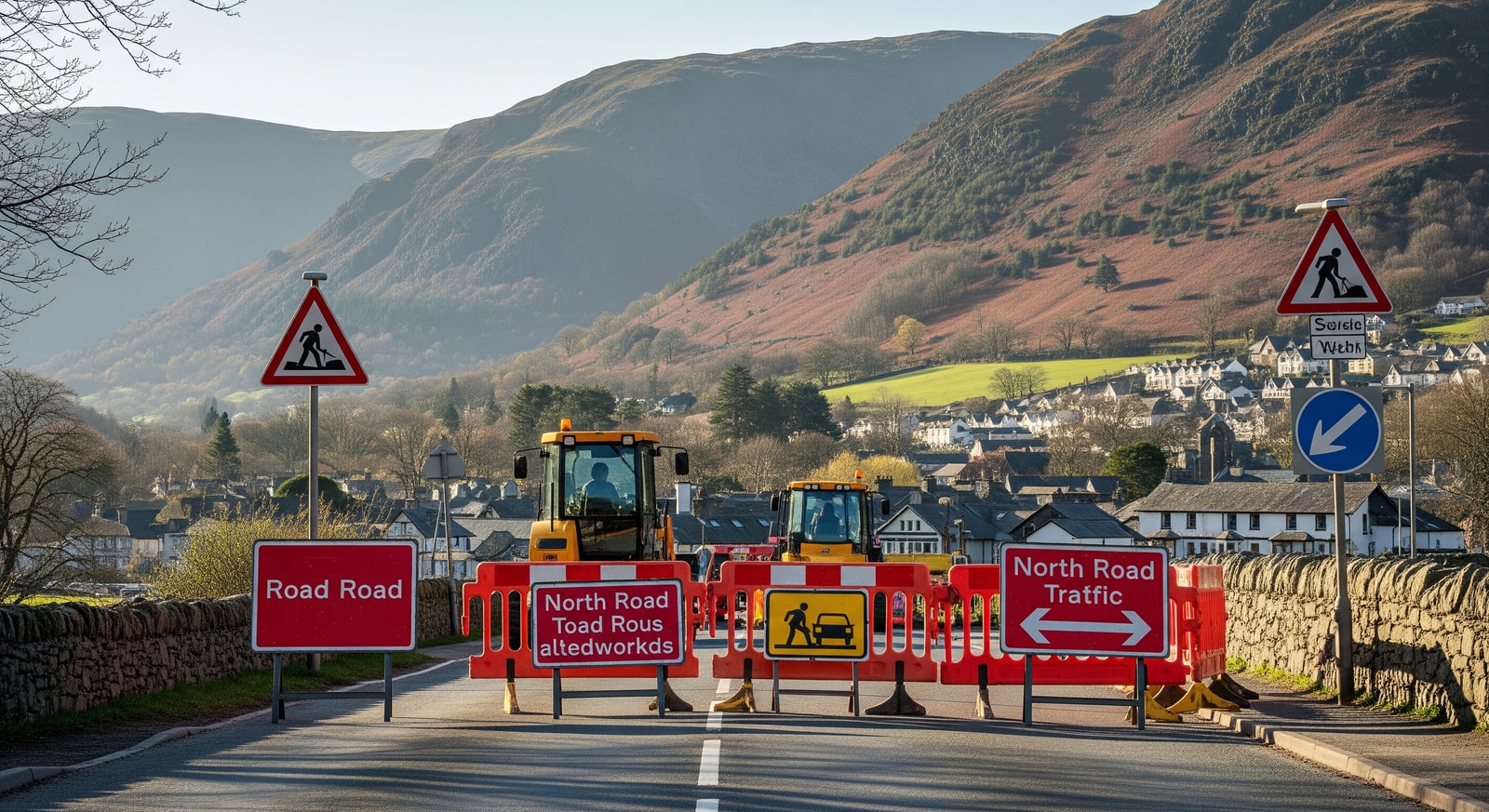 Signage indicating roadworks near North Road in Ambleside, Lake District road closure information