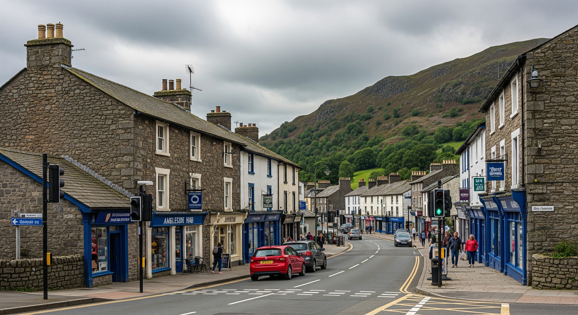 Street view of Ambleside town centre near North Road in the Lake District