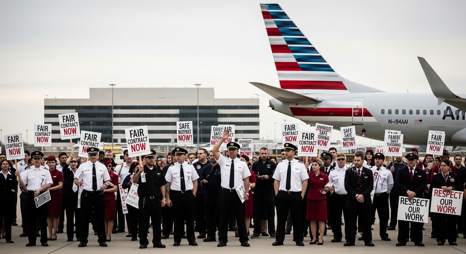 American Airlines employees and aircraft near Fort Worth headquarters, highlighting labour tensions and operational concerns