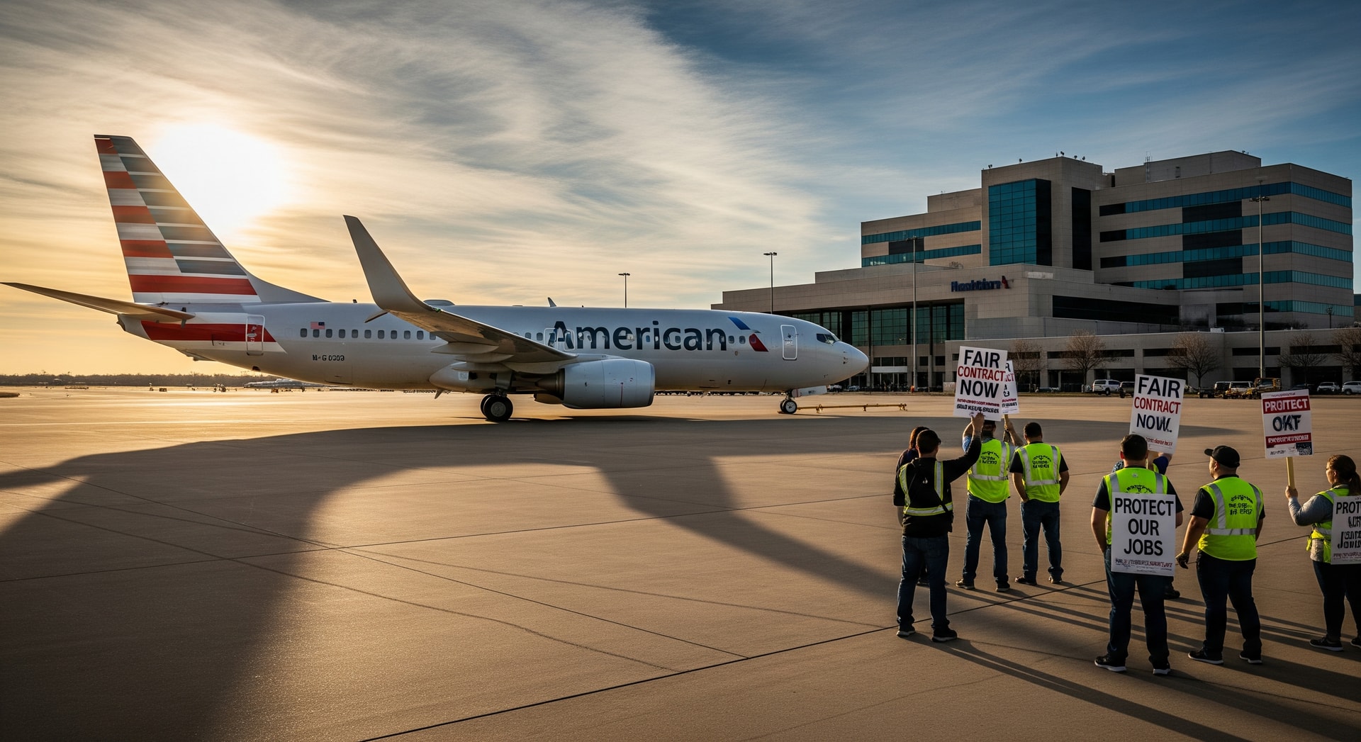 American Airlines aircraft on tarmac near Fort Worth headquarters, illustrating labour tensions