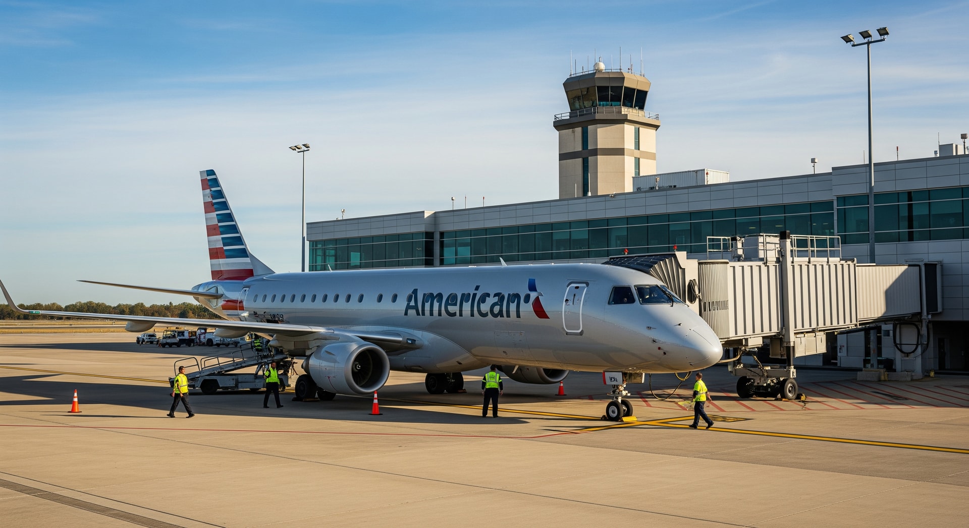 An American Airlines aircraft on the tarmac with a regional airport terminal in the background