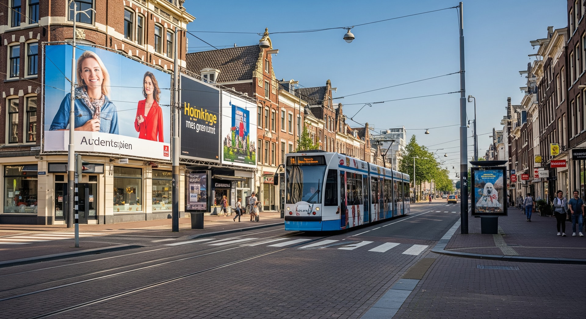 Amsterdam street view with billboards and tram, representing the city's public advertising spaces